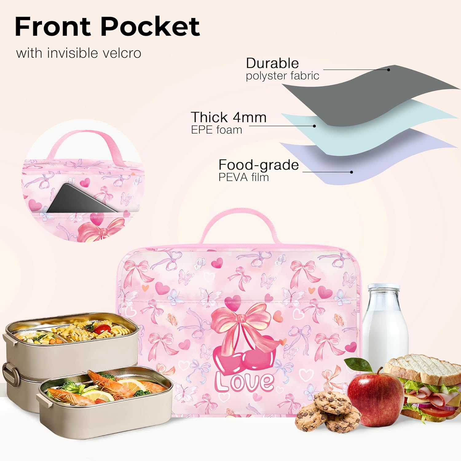 Clastyle Pink Insulated Kids Lunch Bag Large Thermal Cooler Bag for Girl Picnic School Lunch Box Tote,Bow Tie Butterfly - Image 5