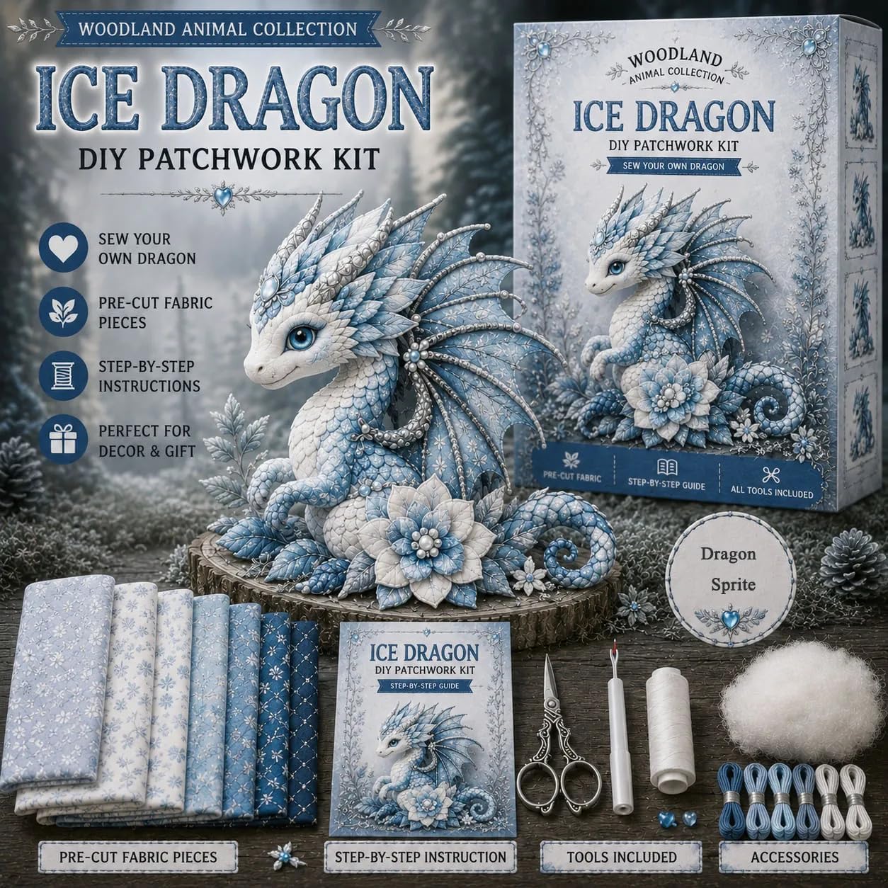 Dragon Sprite Kit de couture pour patchwork à faire soi-même, ensemble de bricolage en peluche dragon fantaisie avec tissu prédécoupé et accessoires, kit de patchwork animal pour débutants, cadeau