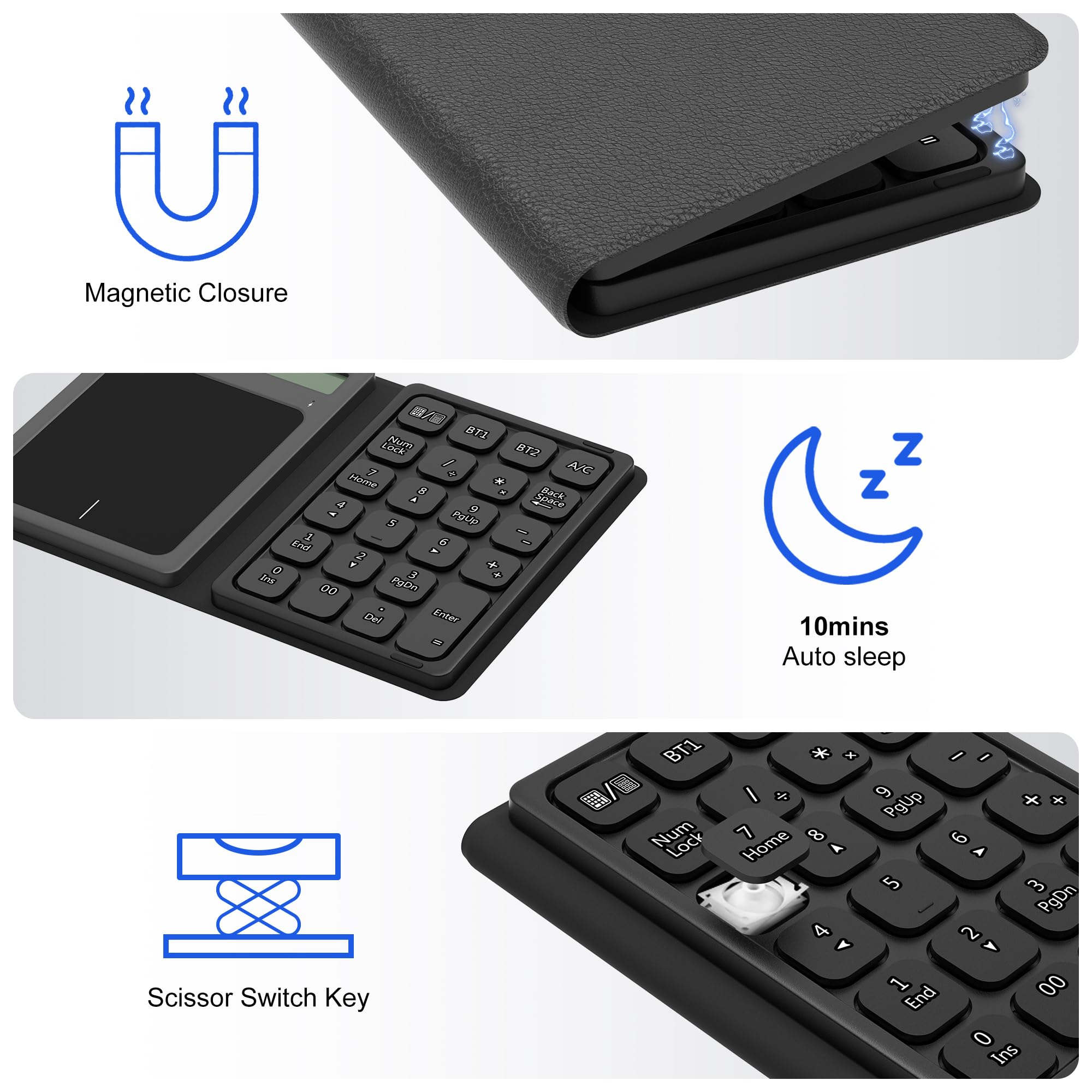 Tastierino numerico Bluetooth con calcolatrice & trackpad - Tastierino numerico wireless portatile pieghevole ricaricabile a 23 tasti, trackpad Bluetooth, inserimento dati e calcolo, track pad 3 in 1