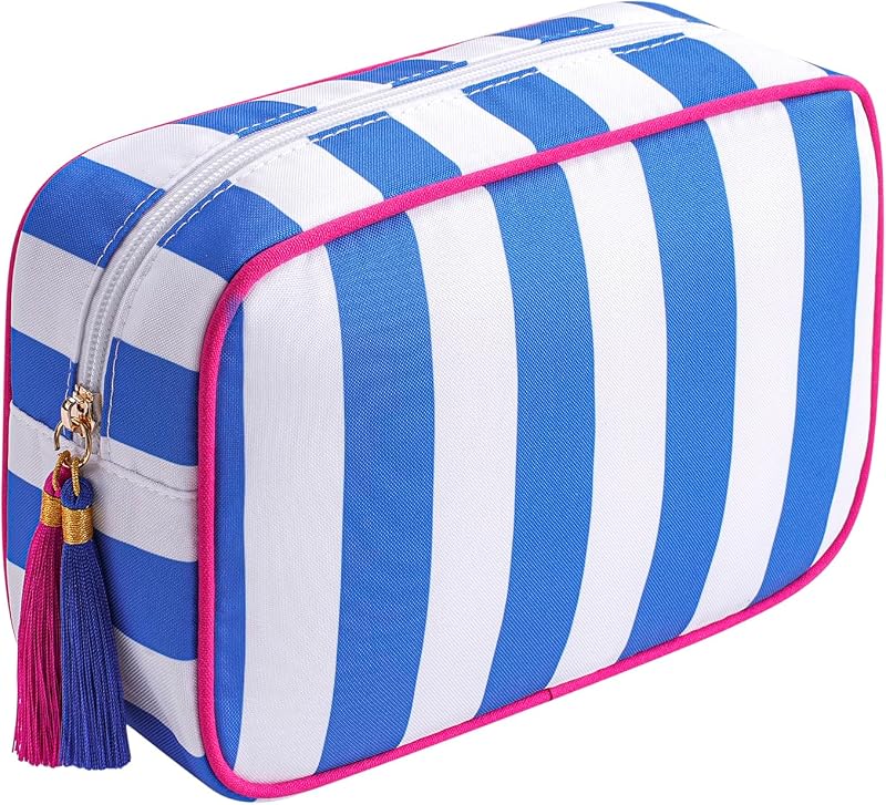 Necessaire de maquiagem listrada RSRSLEII com zíper e tassel, 20,07 x 7,11 x 16 cm, 08 Dark Blue