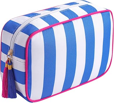 RSRSLEII Large Striped Zipper Makeup Bag, Aesthetic Tassel Travel Cosmetic Bag, Coquette Toiletry Bag, Cute Girls Handbags Purses, Preppy Accessories Storage Bag for Women Girls 08 Dark Blue