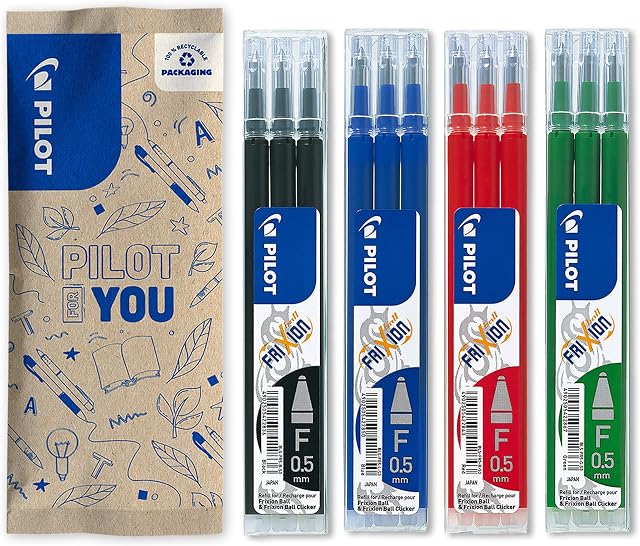 Pilot - Set of 4 Sets of 3 Refills, FriXion Ball 0.5, Erasable Roller-Ball Pen Refills - Blue, Black, Green, Red - Fine Tip