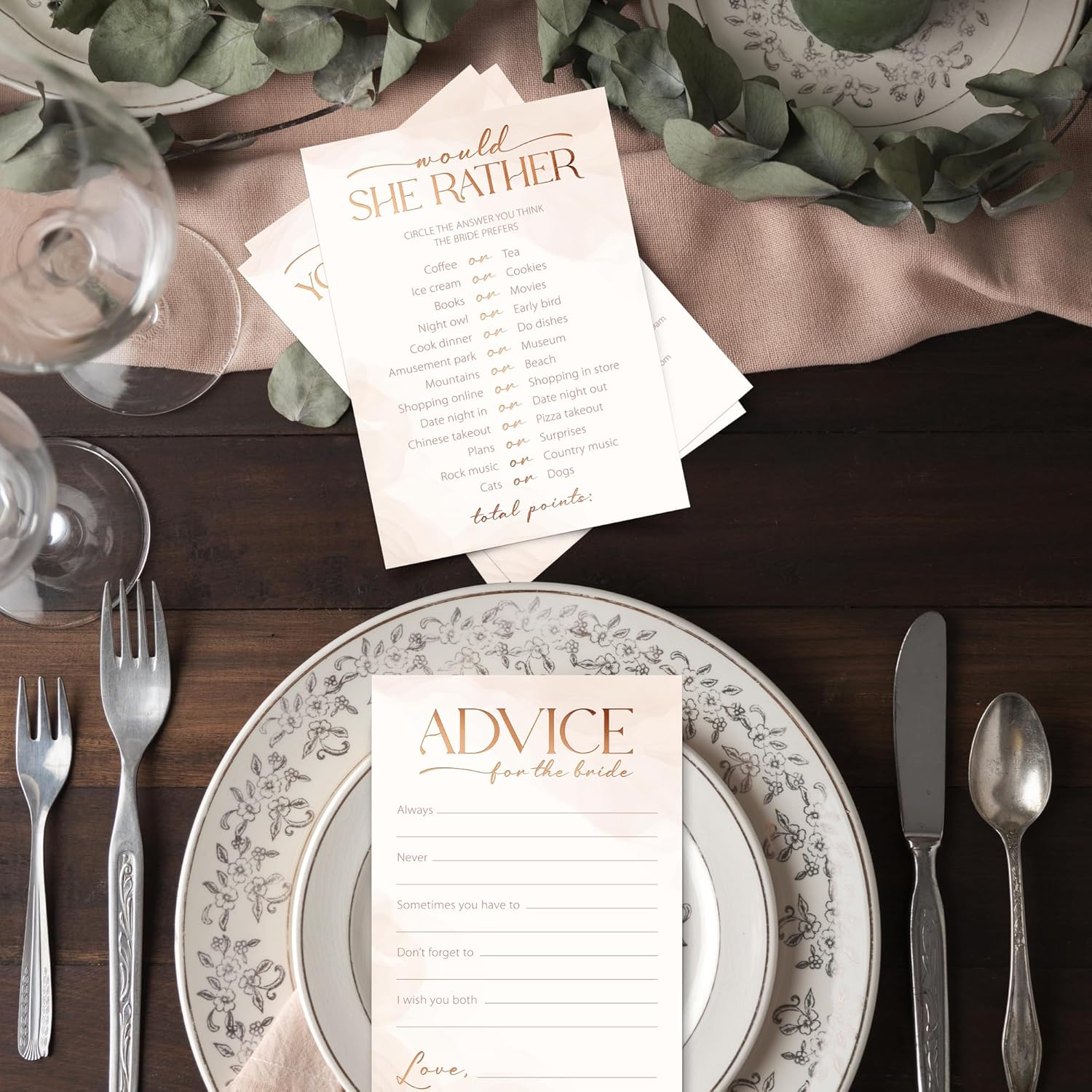 Bridal Shower Games + Advice Cards - For 30 Guests - 4 Activities on Double Sided Cards Includes 3 Games + 1 Advice Card - Copper Rose Gold Metallic Details - for Wedding Showers - Set of 4