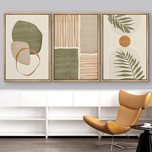 Miniatura 3 de IDEA4WALL Lienzo enmarcado para pared, juego de arte geométrico de mediados de siglo, polígono verde, hojas tropicales, formas abstractas,