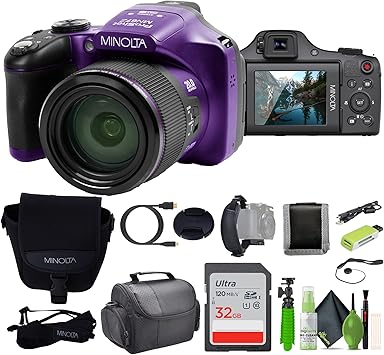 MINOLTA MN67Z 20 MP / 1080P FHD Bridge Digital Camera w/67x Optical Zoom Purple Bundle with 32GB Memory Card + Camara Bag + Cleaning Kit + Vlogging Tripod + Accessories