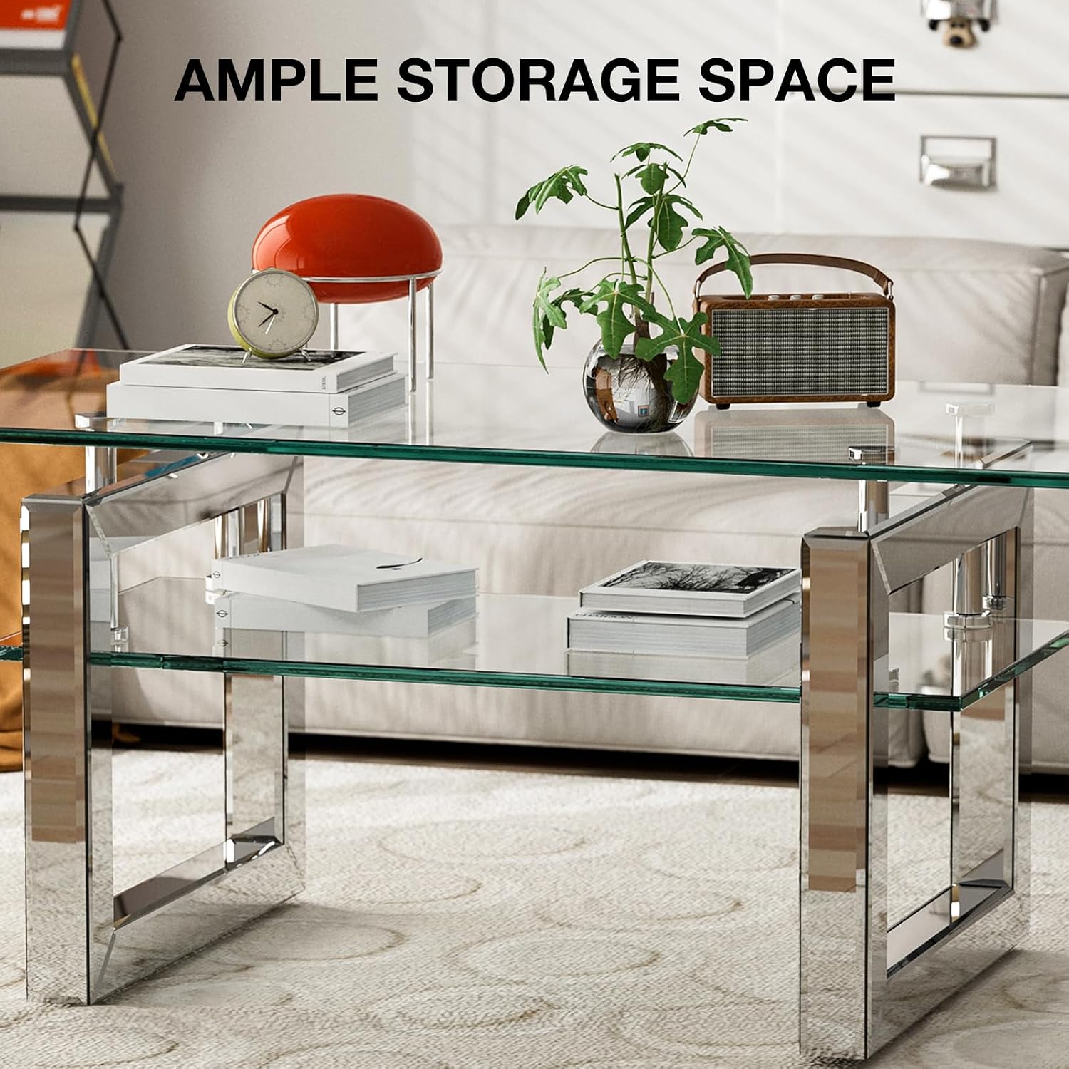 IKIFLY Glass Coffee Table with 2 Tier Glass Boards & Sturdy Metal Legs, Mirrored Clear Rectangle Glass End Table Coffee Tea Table for Home Office