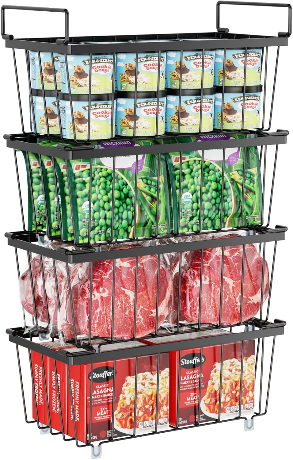 iSPECLE Chest Freezer Organizer Bins - 4 Pack Small Stackable Freezer Organizer Bins for 5 to 7 Cu.FT Small Deep Freezer (14.7"L X 7.1"W X 6.1"H) Easy to Get Food from Bottom without Digging, Black 4-Black