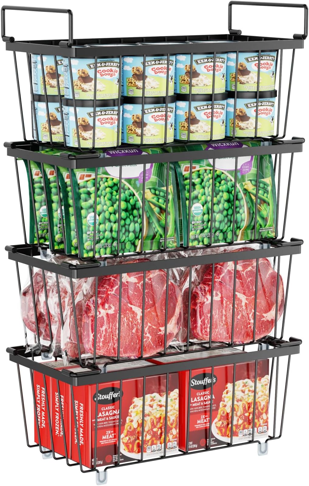 iSPECLE Freezer Organizer Bins, 4 Pack Deep Freezer Baskets for 5 to 7 Cu.Ft, Stackable Wire Chest Freezer Organizer Bins for Small Food, Strong Metal with Handles for Meat and Veggies, Black
