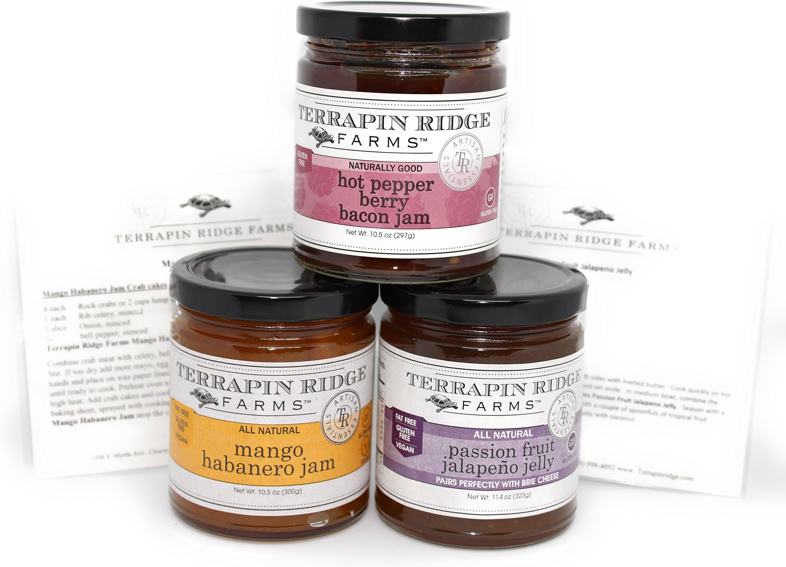Terrapin Ridge Farms Sweet & Spicy Gourmet Jam Sampler Pack Set of 3 Jars with Recipe Cards - Hot Pepper Bacon Jam - Mango Habanero Jam - Passion Fruit Jalapeno Jelly