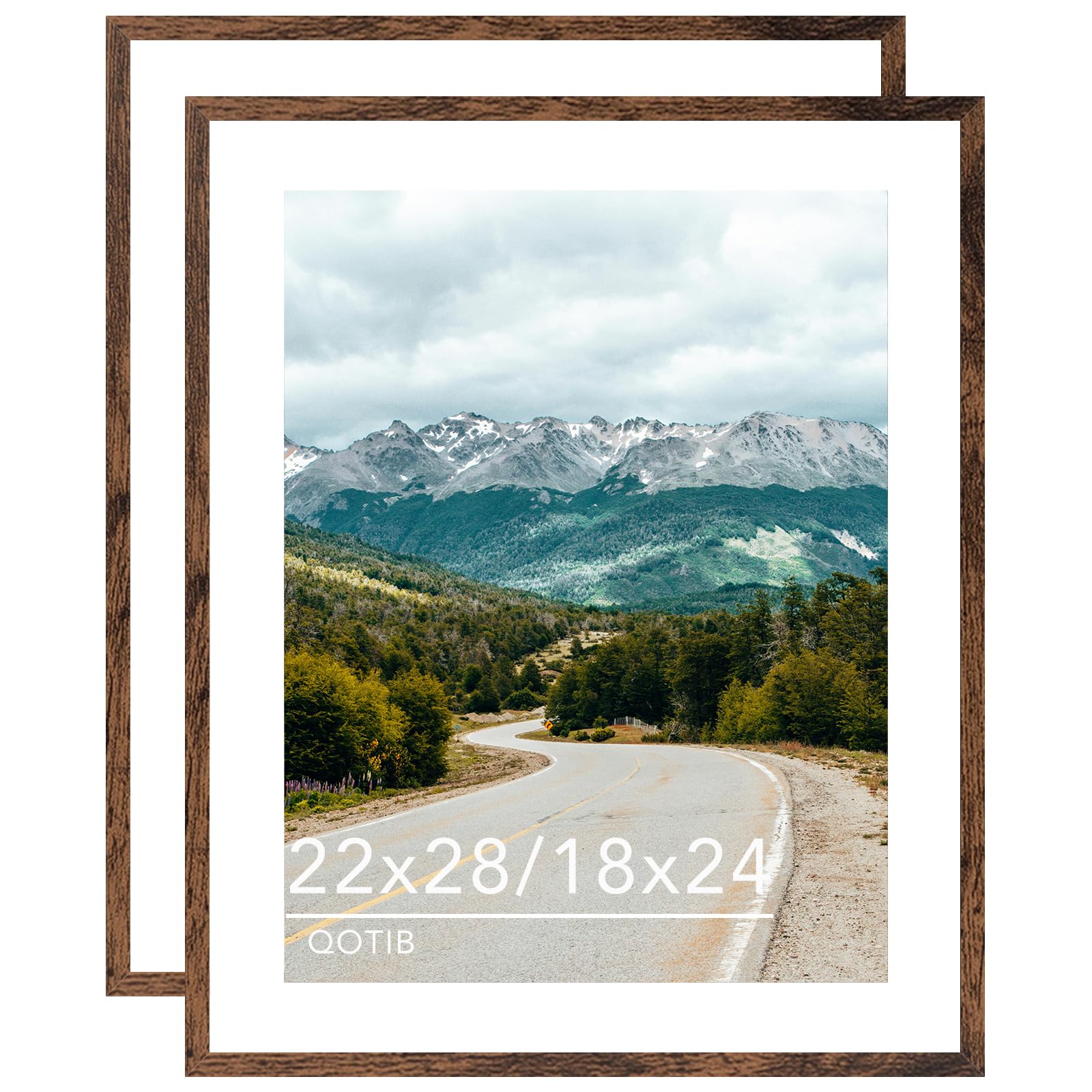 wood 20x28 inches picture frame with 18x24 mat, display 18x24 with mat or 22x28 without mat, wood 22 by 28 photo frame, 22 x 28 frame for wall hanging display, deep brown, 2 pack