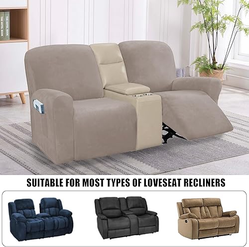Miniatura 4 de Funda de terciopelo para sofá biplaza reclinable de 6 piezas con bolsillos, funda de sofá biplaza reclinable de 2 asientos para sala de estar,