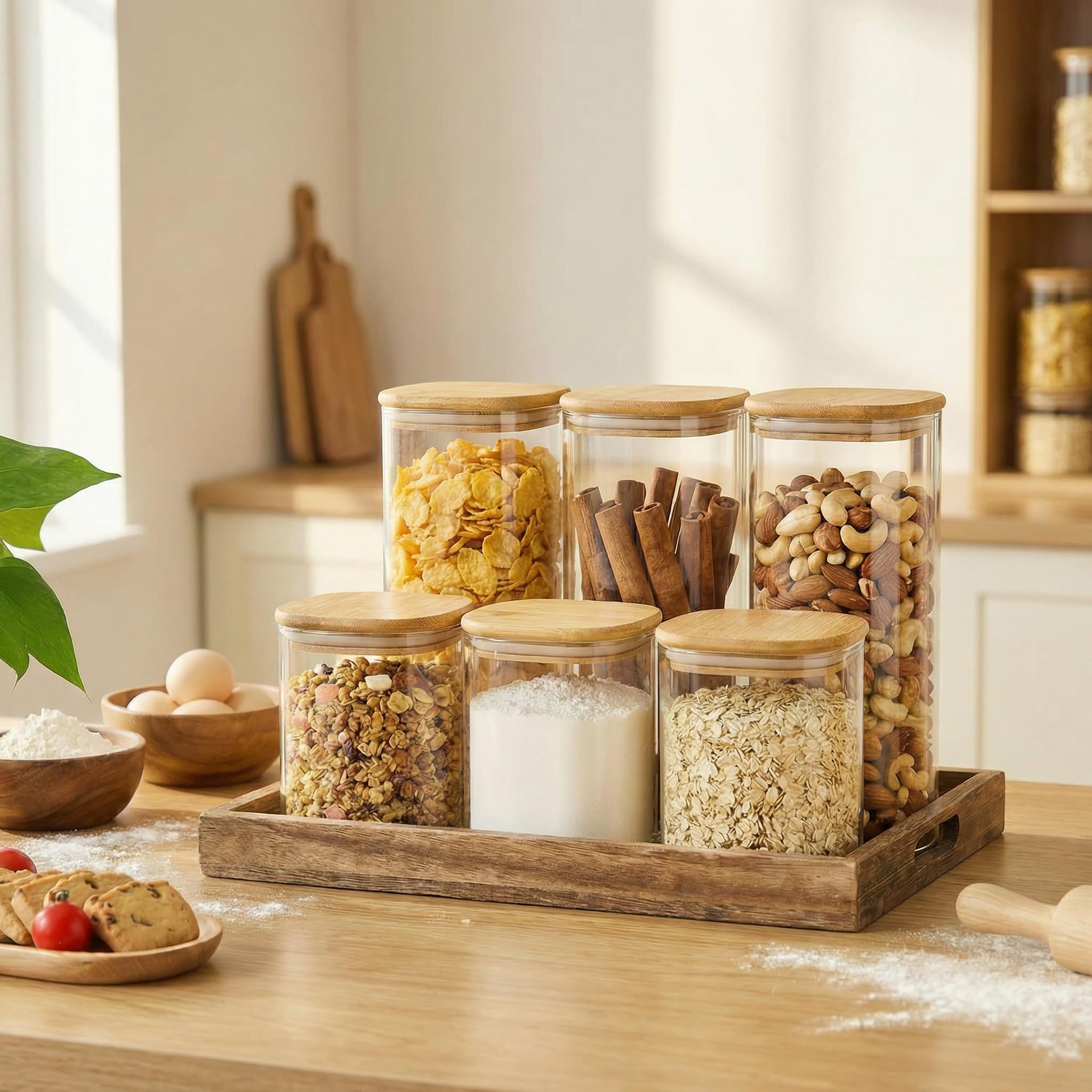 Set Di 6 Barattoli In Vetro Quadrati Wells Con Coperchio In Bambù – 90 Ml, Contenitori Ermetici Per Caffè, Spezie, Biscotti, Tè - 4