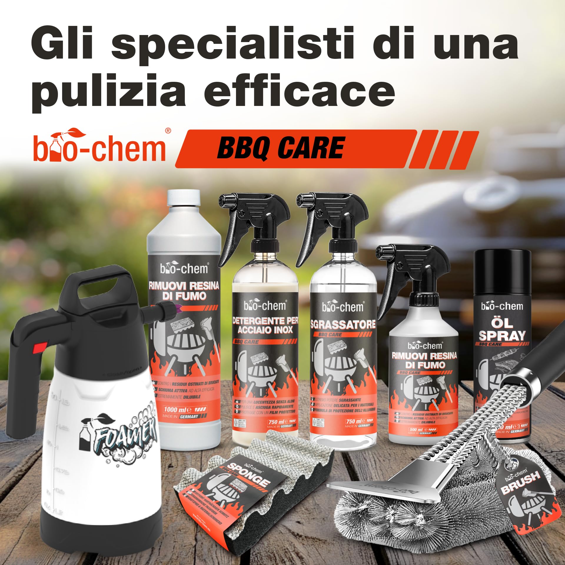 Bio-Chem - Set Pulizia per barbecue 9pz - Decapante resina 0,5L - Detergente per superfici bbq 750ml - Spray inox 750ml - Spray di olio 200ml - Kit completo con accessori griglie brillanti e protette
