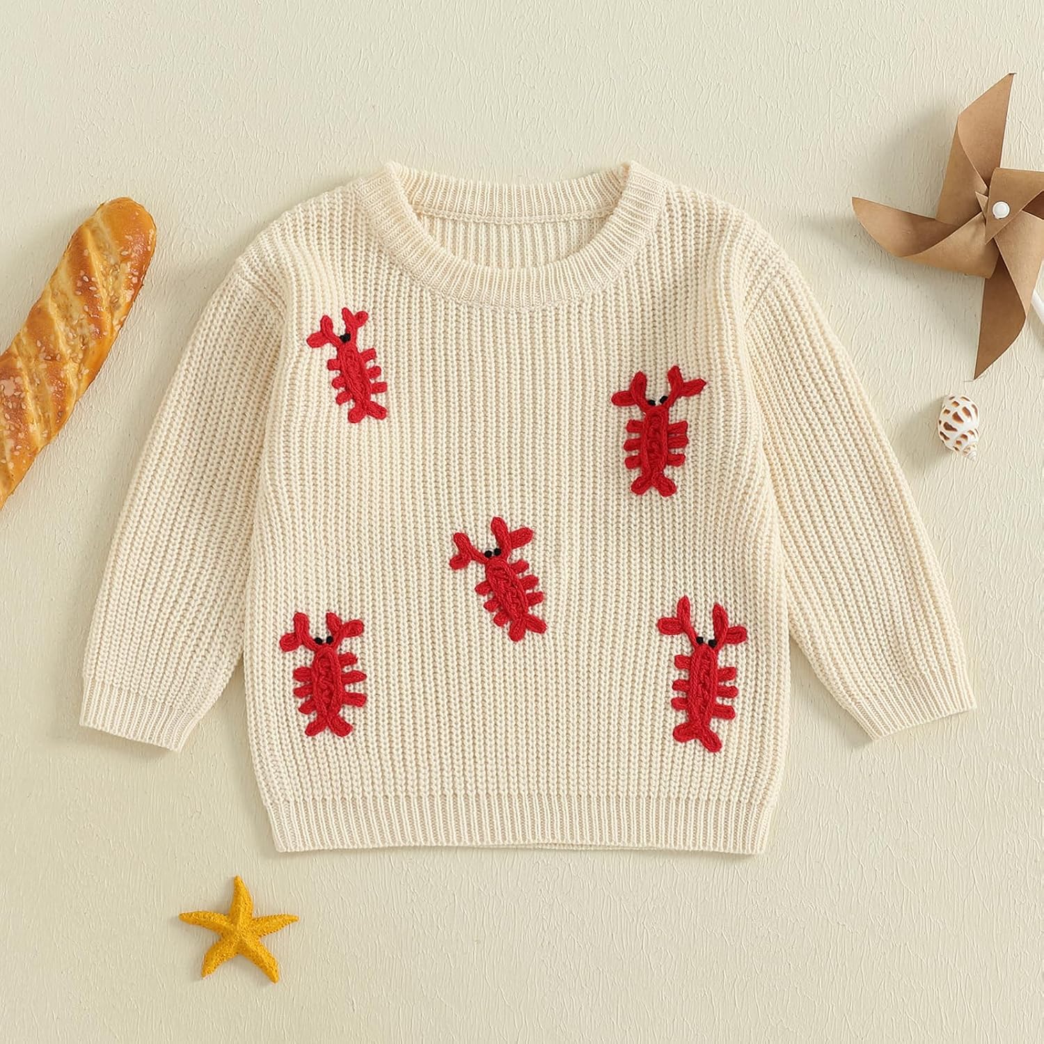 Kids Toddler Baby Boy Girl Knit Sweater Casual Lobster Embroidery Round Neck Pullover Knitwear Fall Winter Clothes