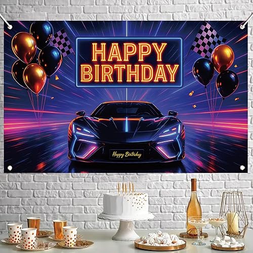 Vista 7 de Telón de fondo de auto de carreras con texto en inglés «Happy Birthday» para automóvil deportivo, bandera de neón a cuadros negros y blancos