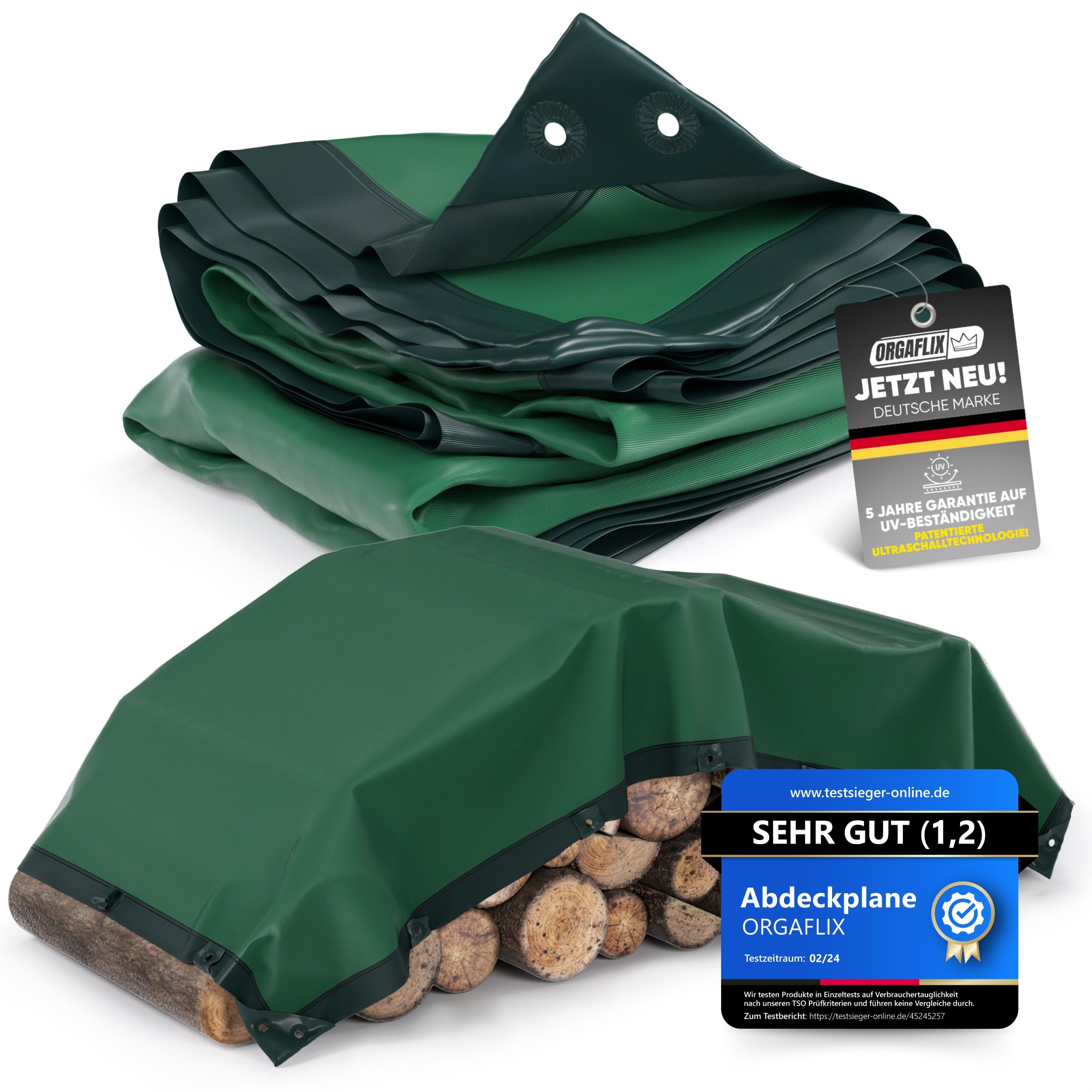 ORGAFLIX Premium Abdeckplane 1,5x6m wasserdicht & UV-beständig mit 5j. Garantie, Extrem reißfeste Plane mit 3-Fach verstärkten Ösen, Tarp, Gewebeplane vielseitig einsetzbar, Holz, Schutz, Camping