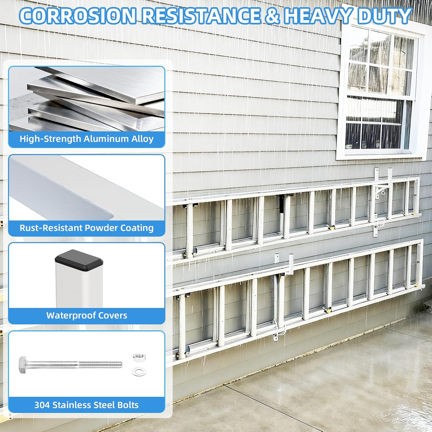 Cargo Trailer Ladder Rack-400lb Load-Carry 2-4 Ladders-Adjustable Aluminum Side Mount RV Ladder Rack-Rubber Pads/Bungee Cords/Hooks for Open/Enclosed Trailer/Garage/Shed Exterior/Interior Wall