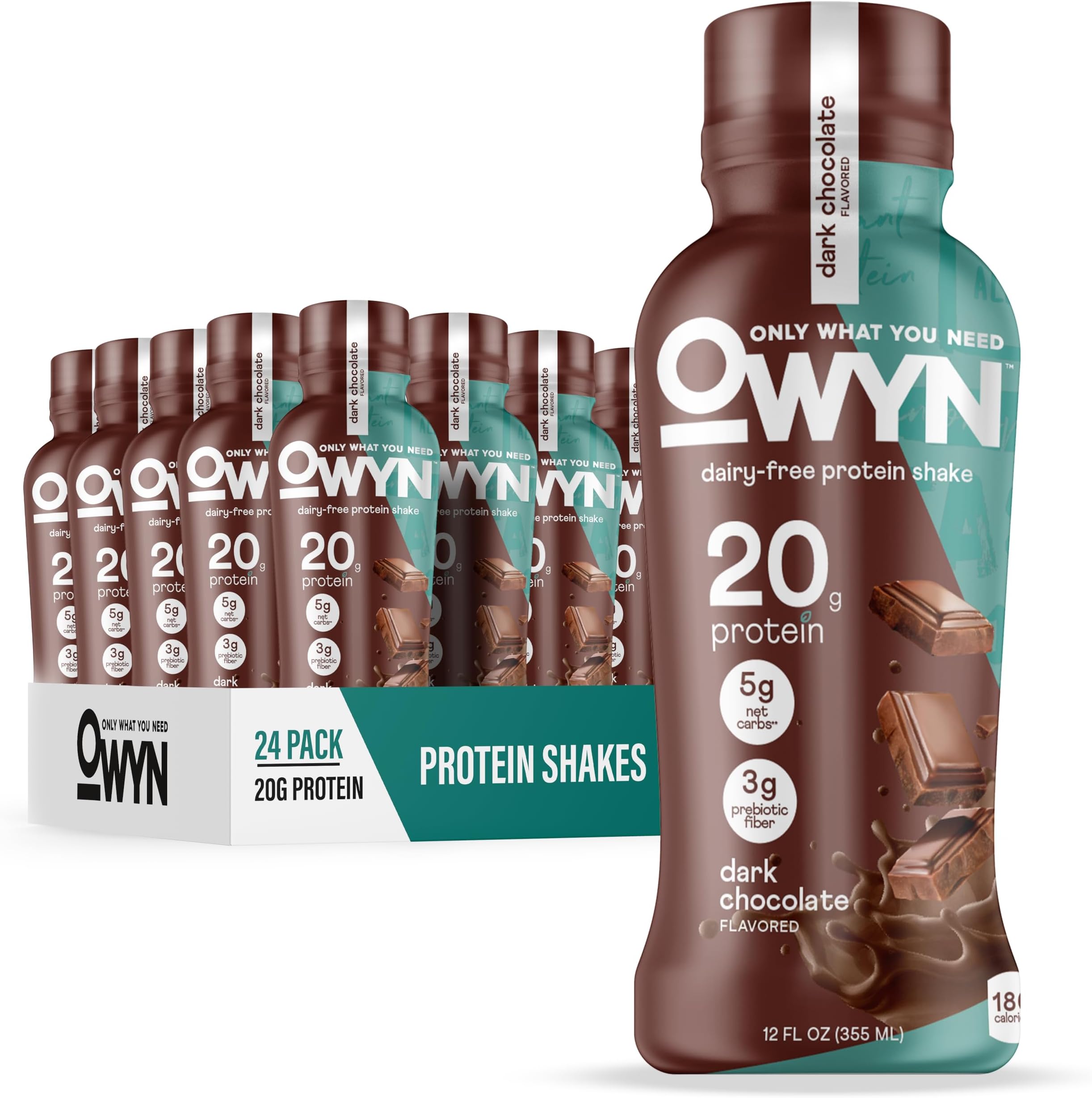 OWYN Only What You Need Plant Based Protein Shake, Dark Chocolate, 20g Vegan Protein from Organic Pumpkin seed, Flax, Pea Blend, Omega-3, Prebiotic supplements, Gluten and Soy-Free, (12 Pack)