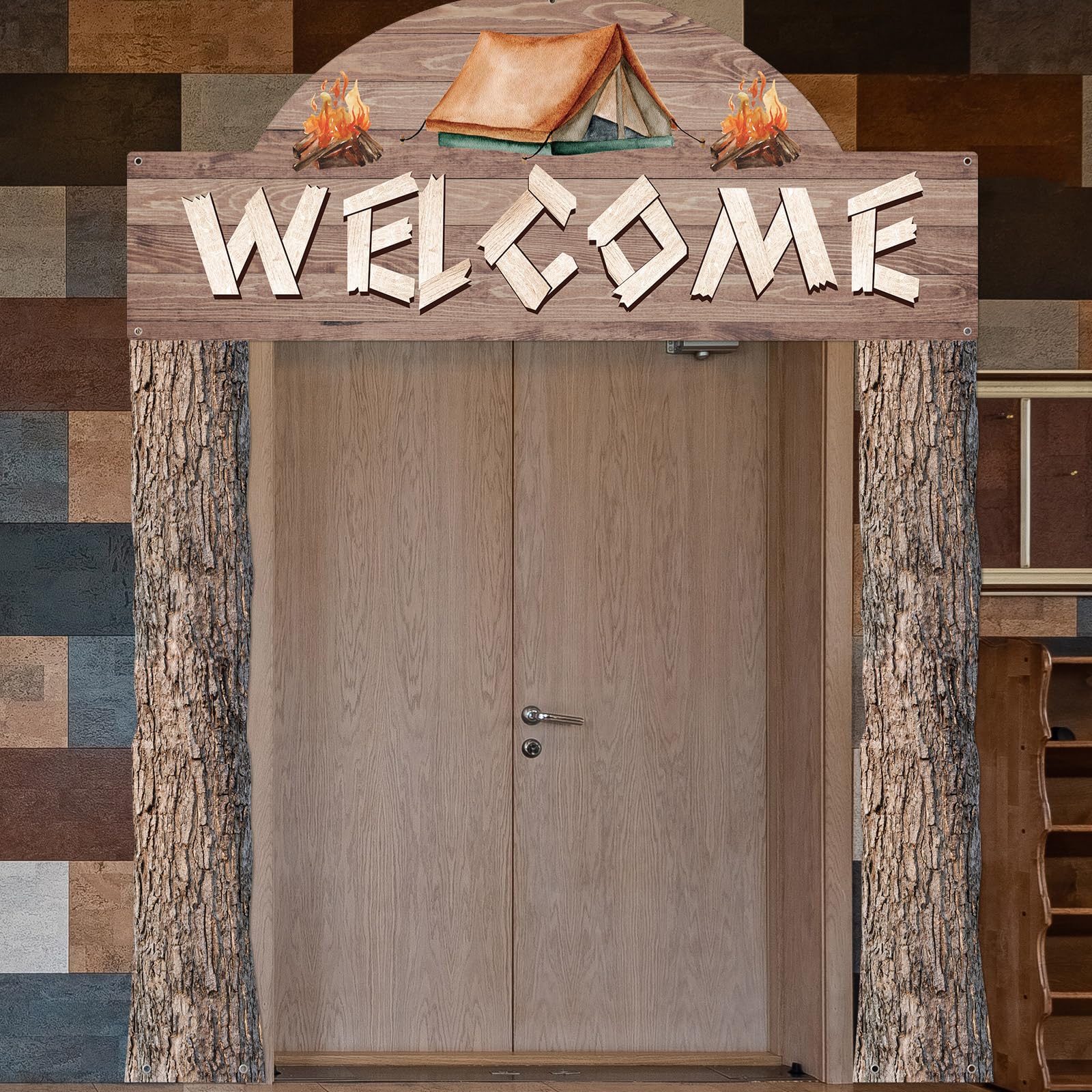 Peryiter 3 carteles de bienvenida para fiestas temáticas de campamento con 1 cinta de doble cara para campamento de verano, cumpleaños, Hawaii, baby shower, decoración de actividades para interiores y