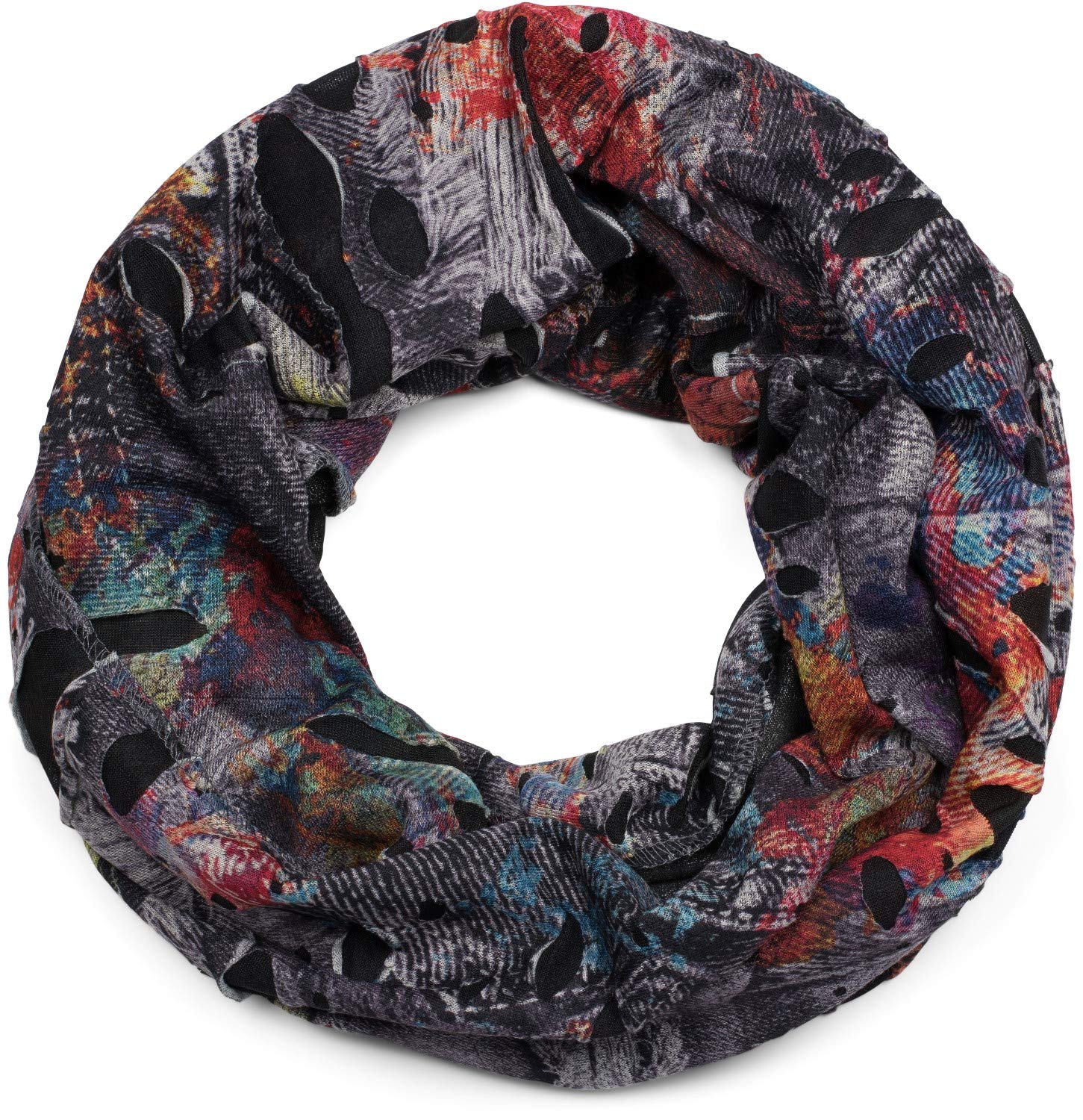 Stylebreaker Women's Anthracite-Red-Blue-Yellow Splat-Style Loop Tube Scarf With Blots And Characters In Destroyed Vintage-Look, Unisex 01016119, Colour: