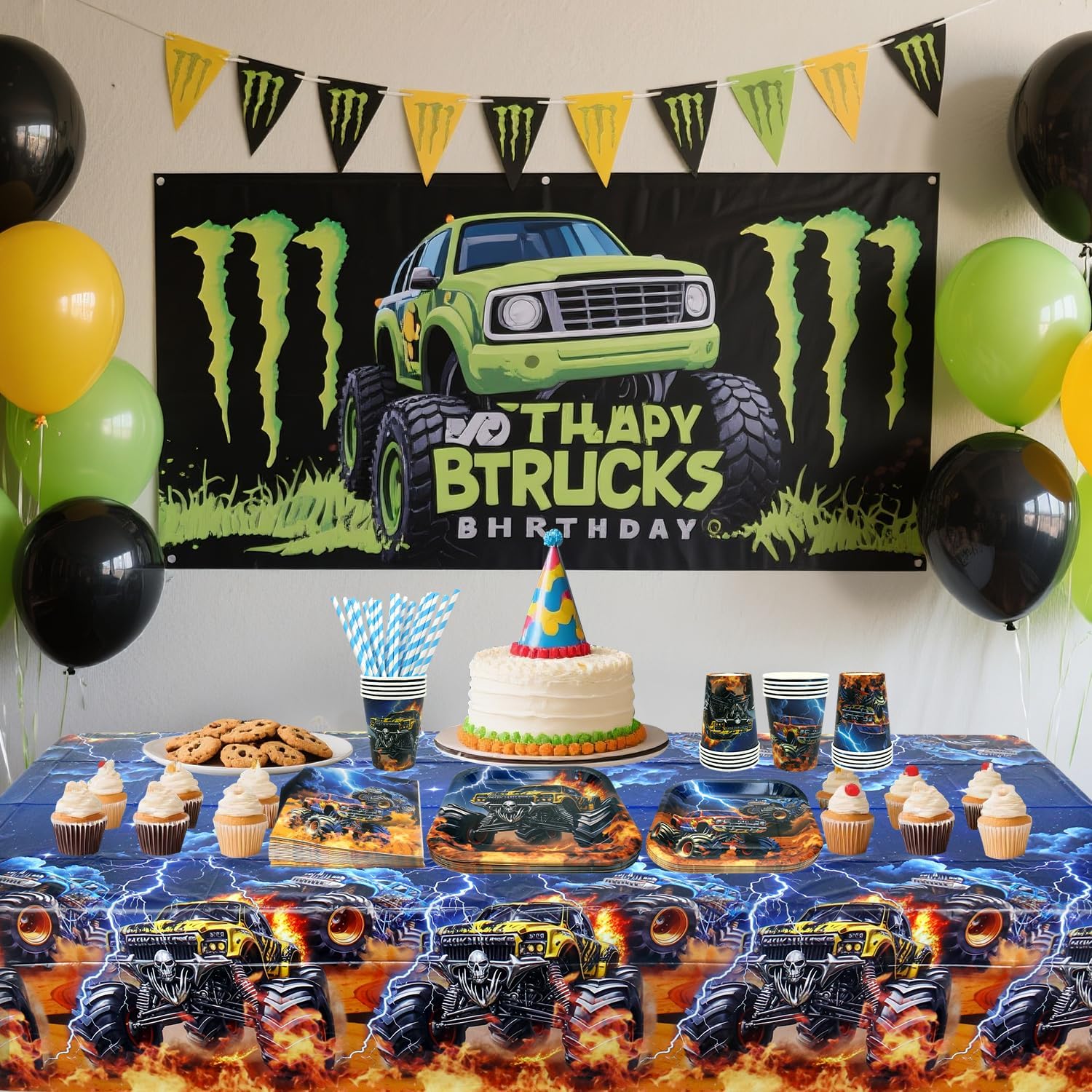 Monster Truck Party Decoration - Monster Truck Birthday Party Tableware Supplies Includes Plates, Cups, Napkins, Tablecloth, Straws (20) - Image 6