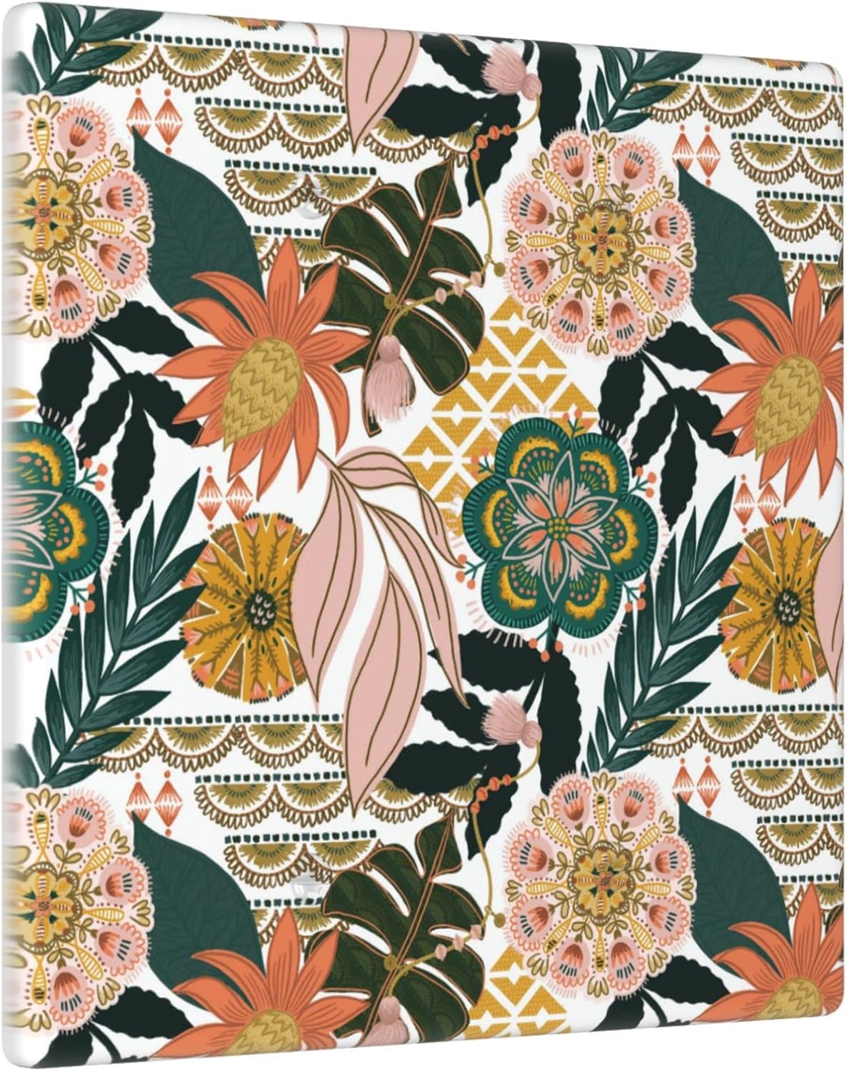 Boho Floral Blank Wall Plate 2 Gang No Device Double Blank Switch Plate Outlet Covers, Flower Tropical Leaves Decorative Wall Plates, 4.5 x 4.5 Inch