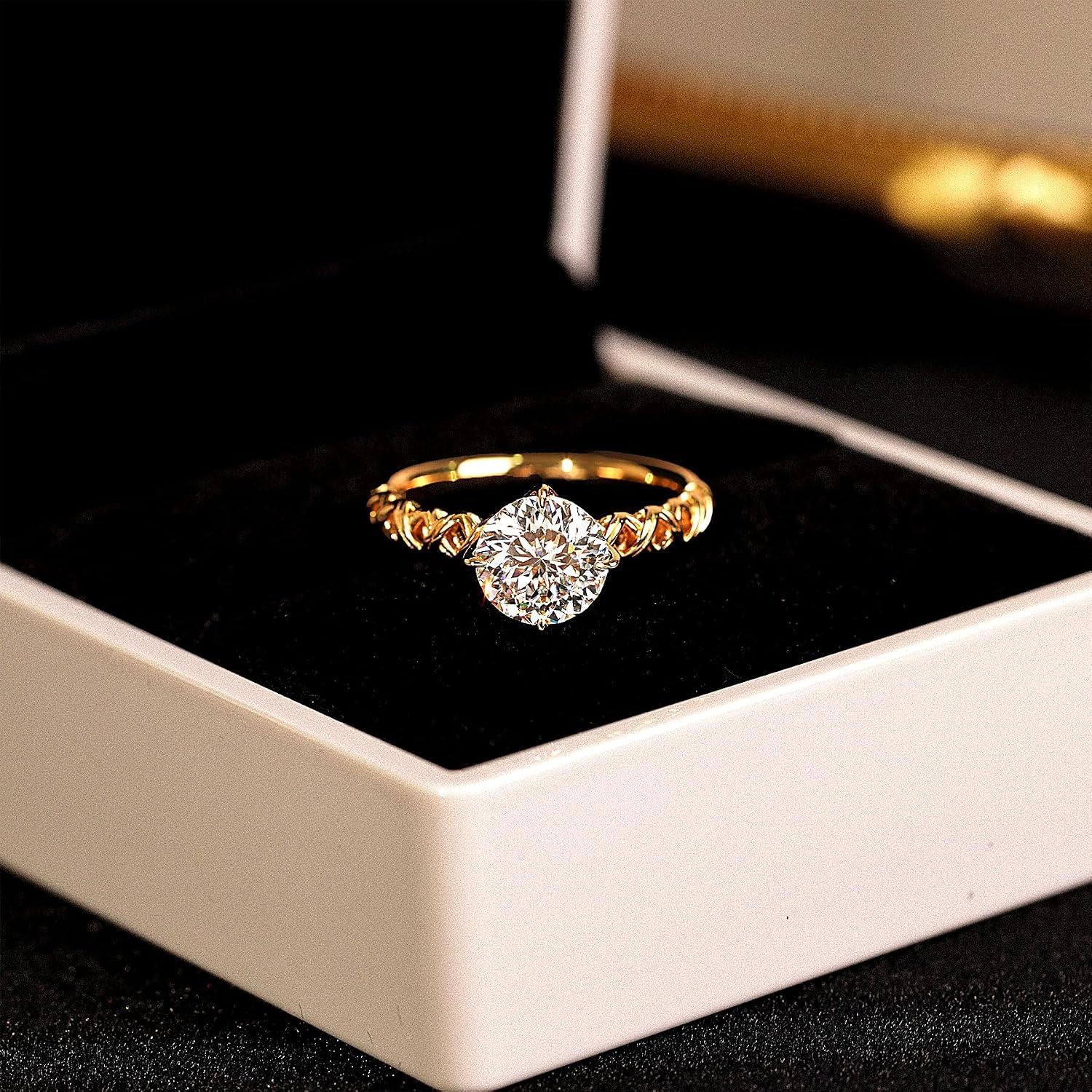 Gold Engagement Ring for Women, Moissanite Solitaire Cathedral Ring, 18K Gold Plated Sterling Silver Vintage Promise Ring – Available in Cubic Zirconia Option