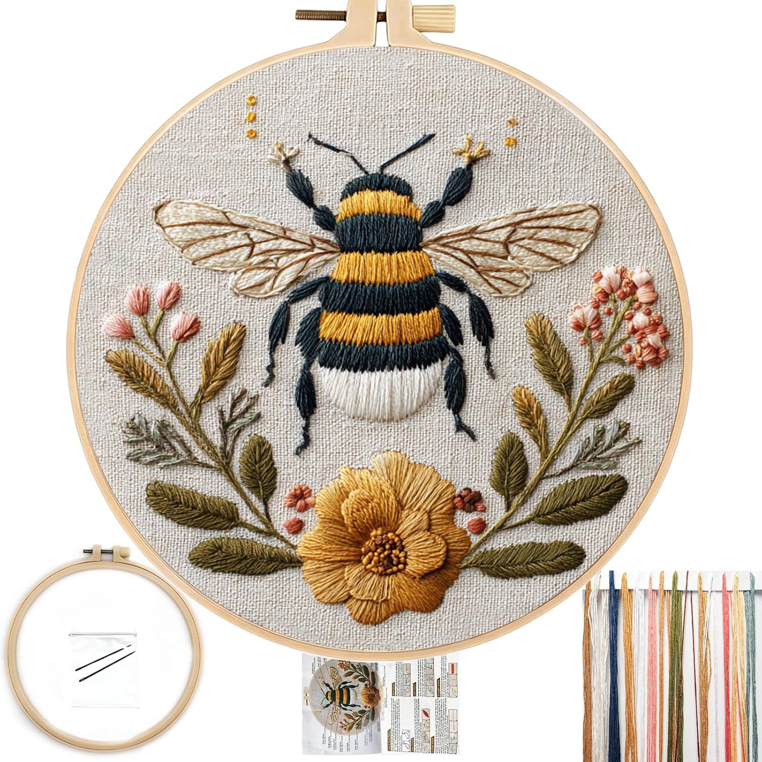FONNUY Embroidery Kit for Beginners, Boho Floral Bee Pre-Stamped Pattern Kits for Adults with Hoop, Easy to Follow Color Thread Needlework, 8'' Hoop (Honeybee A001)