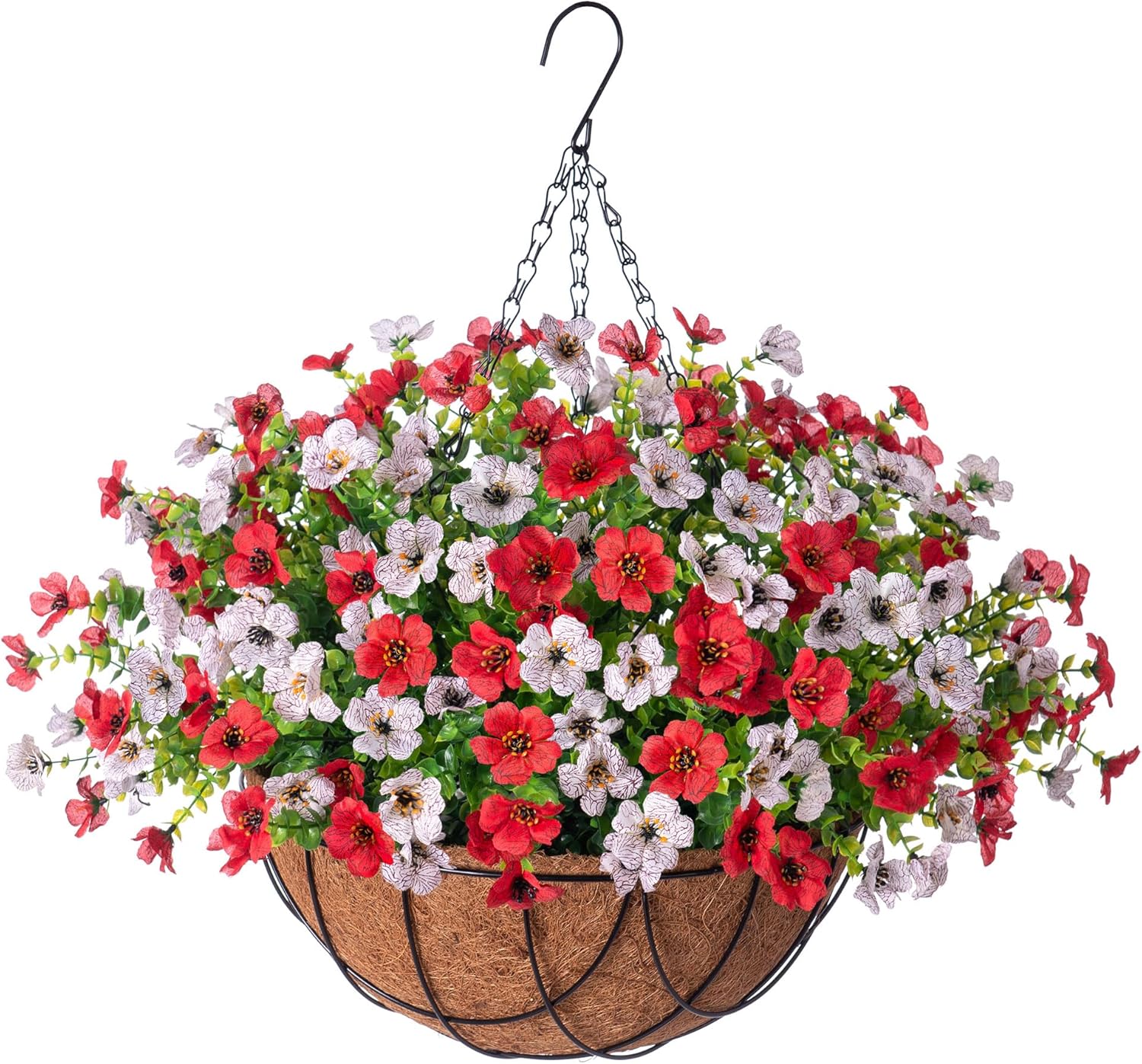 Artificial Silk Flowers Hanging Baskets Outdoors Indoors,Daisy with Eucalyptus Leaves Arrangement for Garden Yard Spring Summer Decor,Faux Green Plant in Metal Coconut Lining Flowerpot(Red and White)