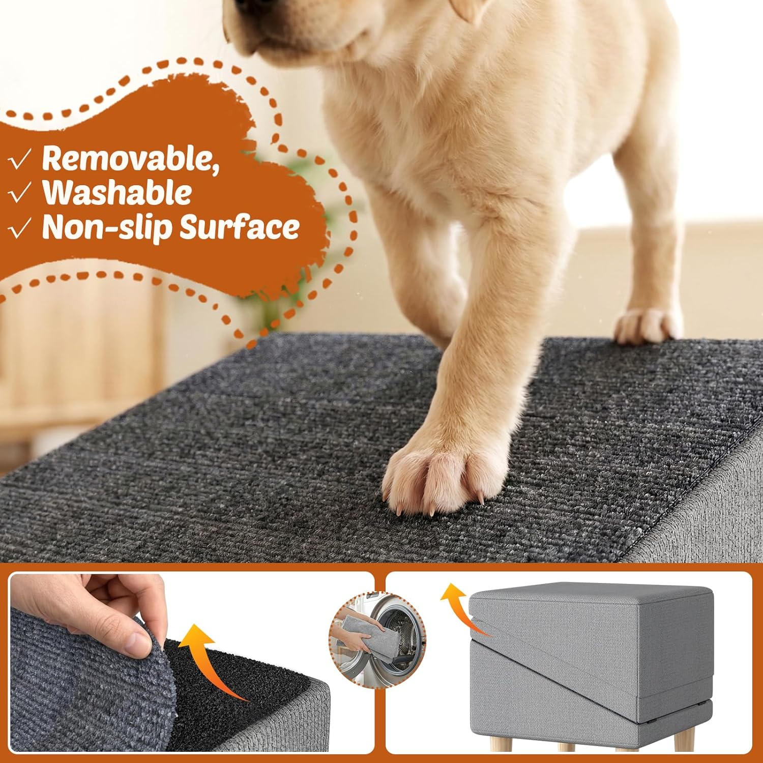 Dog Ramp for Small Dogs and Cats, 2-in-1 Folding Pet Ramps Stairs for Couch and Bed, Split Ottoman Dog Ramp with Removable Washabl Anti-Slip Mat and Cleaning Brush
