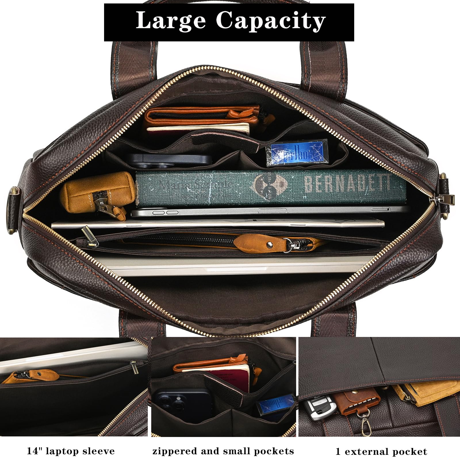 Bolsa para portátil de 15,6 pulgadas maletín para hombre bolso de hombro para hombres de cuero genuino bolsa de negocios bolsa de ordenador portátil bolsa de oficina (marrón), 3315 Marrón