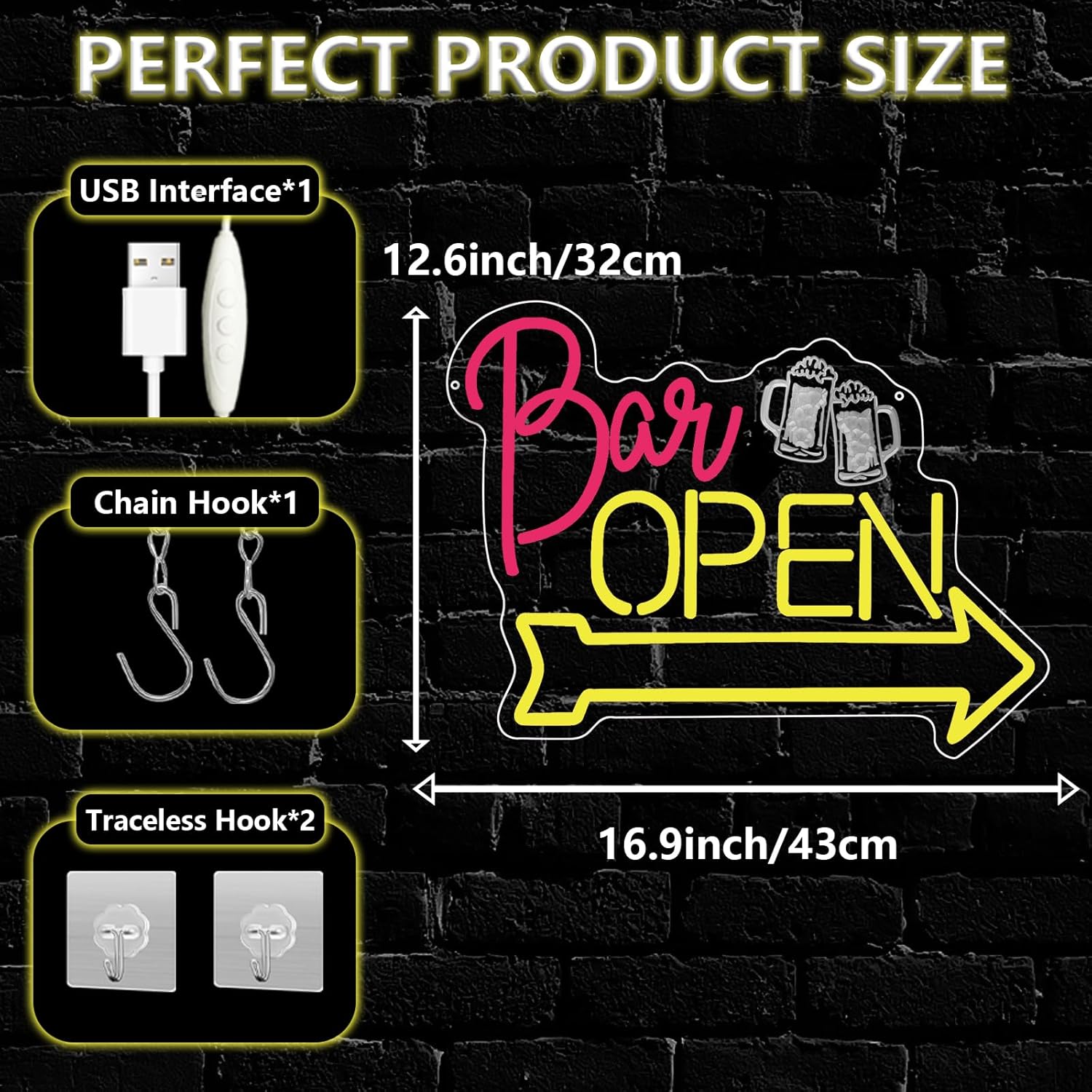 Bar Open Neon Sign,Open Signs for Business Home Beer Bar Man Cave Club Pub Restaurant Stores Hotel Party,Pink Yellow Dimmable LED Sign Wall Art Decor Gift for Men Women USB Powered（16.9"*12.6"）