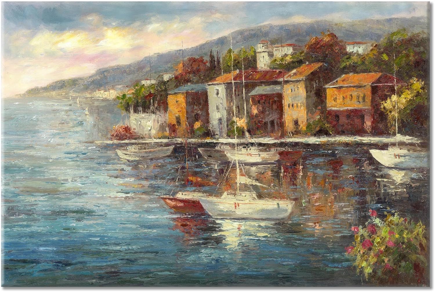 Mediterranean Canvas Wall Art - Italian Wall Art - Italy & Paris Cafe Artwork Oil Paintings Seaside Seascape Picture for Office Wall Decor 36"x24"