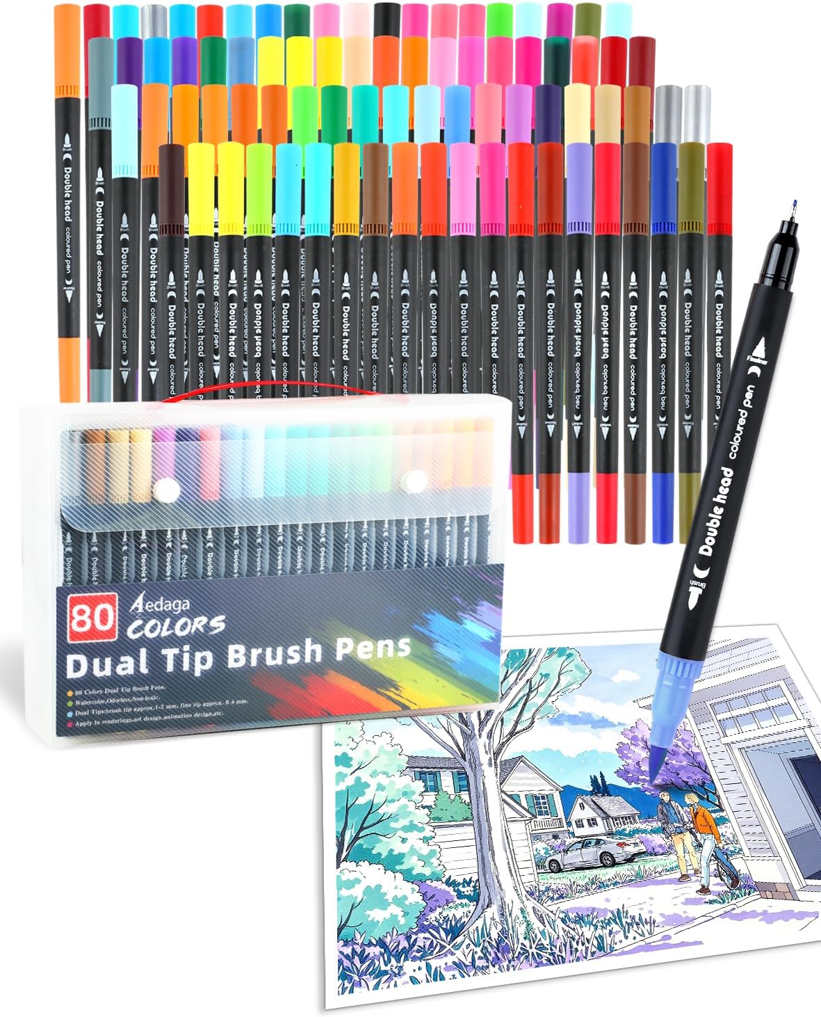 AEDAGA 60 Colors Dual Tip Brush Pens, Fine Felt Tip and Brush Tips Colored Pens for Adults, Coloring Markers for Coloring Book Bullet Journaling Note Taking Hand Lettering