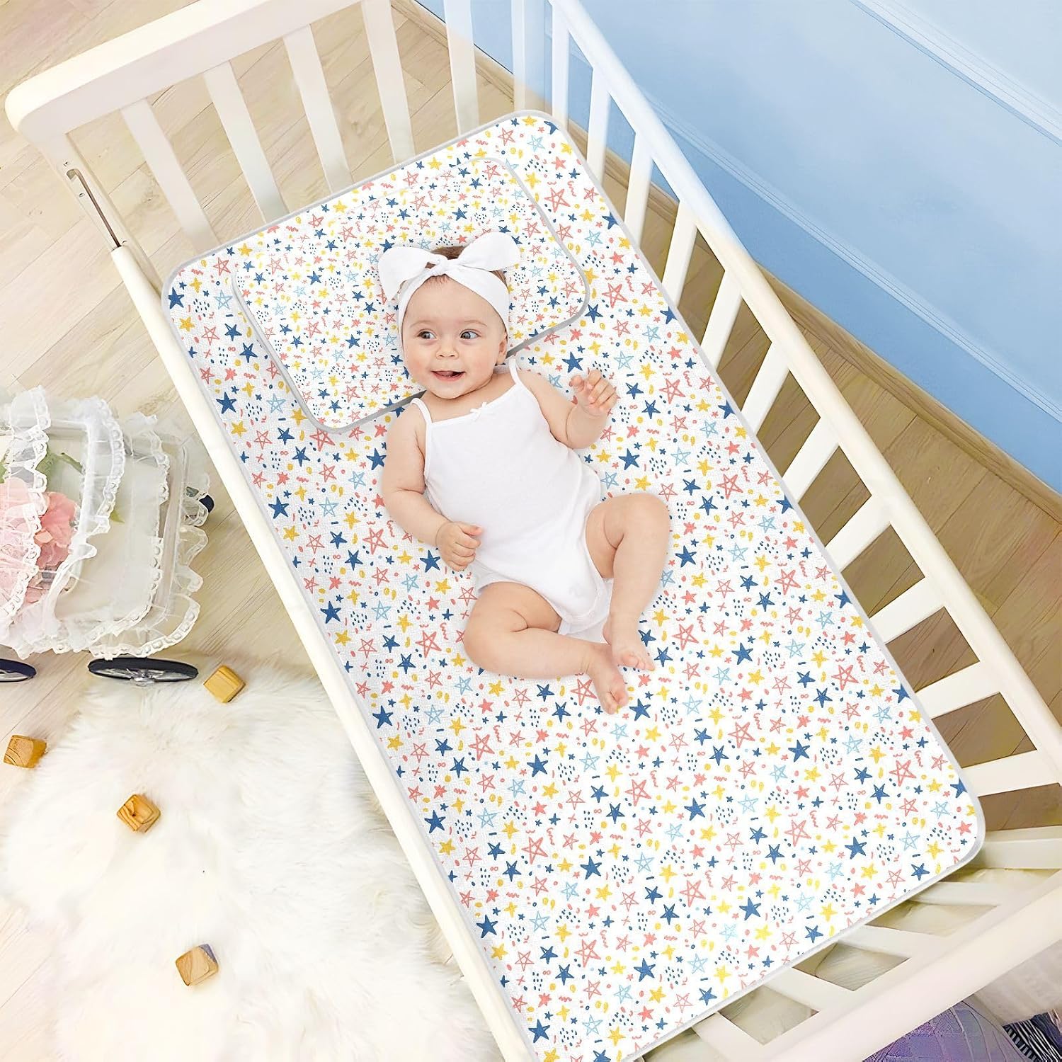 Baby Cooling Mat Doodle Colorful Stars Ice Silk Breathable Mesh Summer Crib Mattress Pad with Pillowcase, Soft Cooling Sleeping Surface for Infant & Toddler, 52"x28"