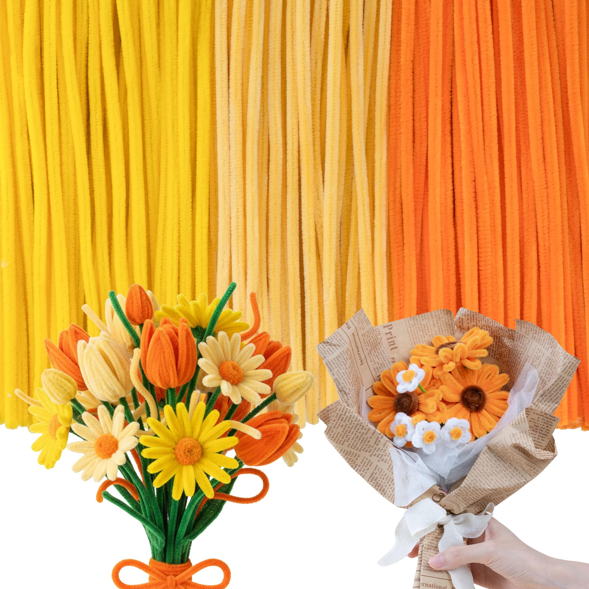 Caydo 300 Pieces Yellow Orange Pipe Cleaners for Flowers Making, Thick Fluffy Chenille Stems for Kids Creative Arts &amp; Crafts and Home Decorations