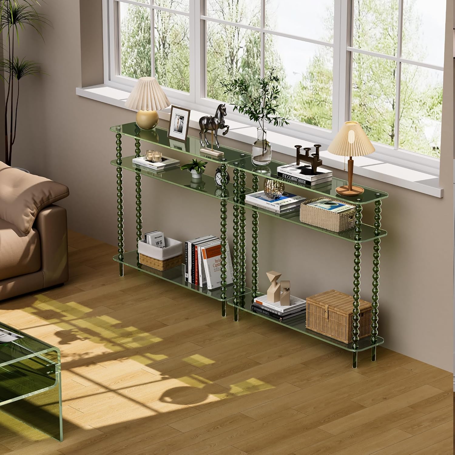 Acrylic Console Table Narrow, 3 Tier Long Entryway Table with Storage, Mid-Century Modern Sofa Table Entry Table for Living Room, Hallway (Green, 39.4“×9.4”×35.4“)