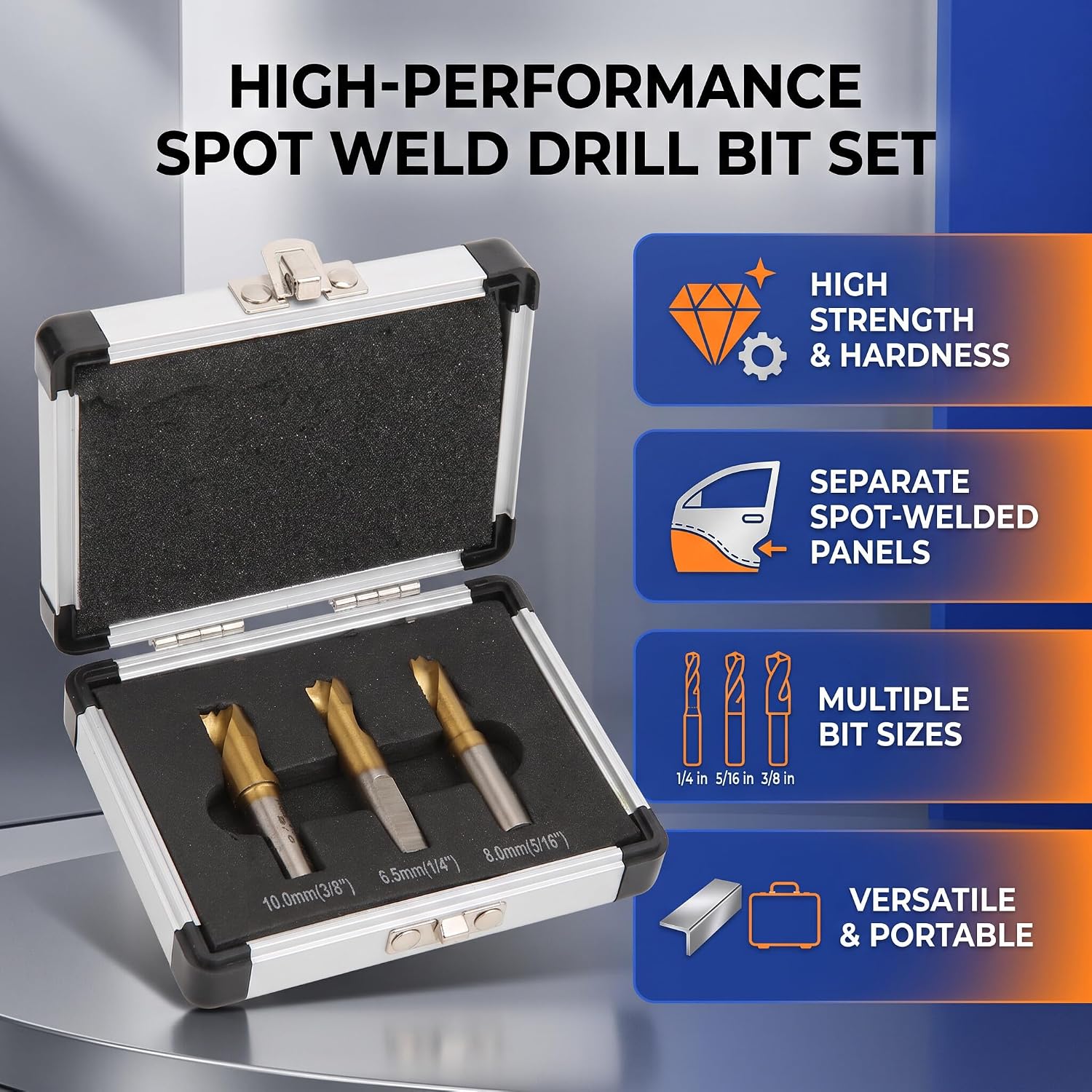 Spot Weld Drill Bit, 3Pcs Cobalt HSS Ti Coated Cutter Set Removes Welds for Auto Body Repair 1/4 5/16 3/8 Inch