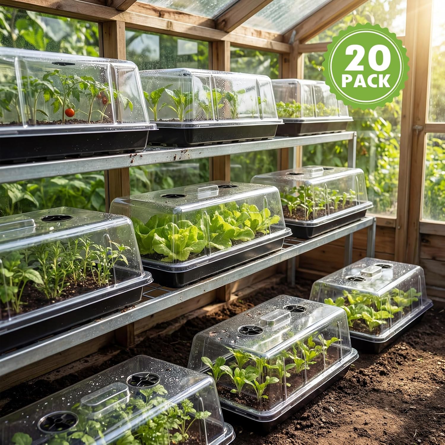 Vesici 20 Pcs Humidity Dome 7.3" Tall Extra Strength Plastic Clear 1020 Seed Starting Tray Covers with Adjustable Vents Garden Plant Dome Trays Cover for Greenhouse Germination Growing