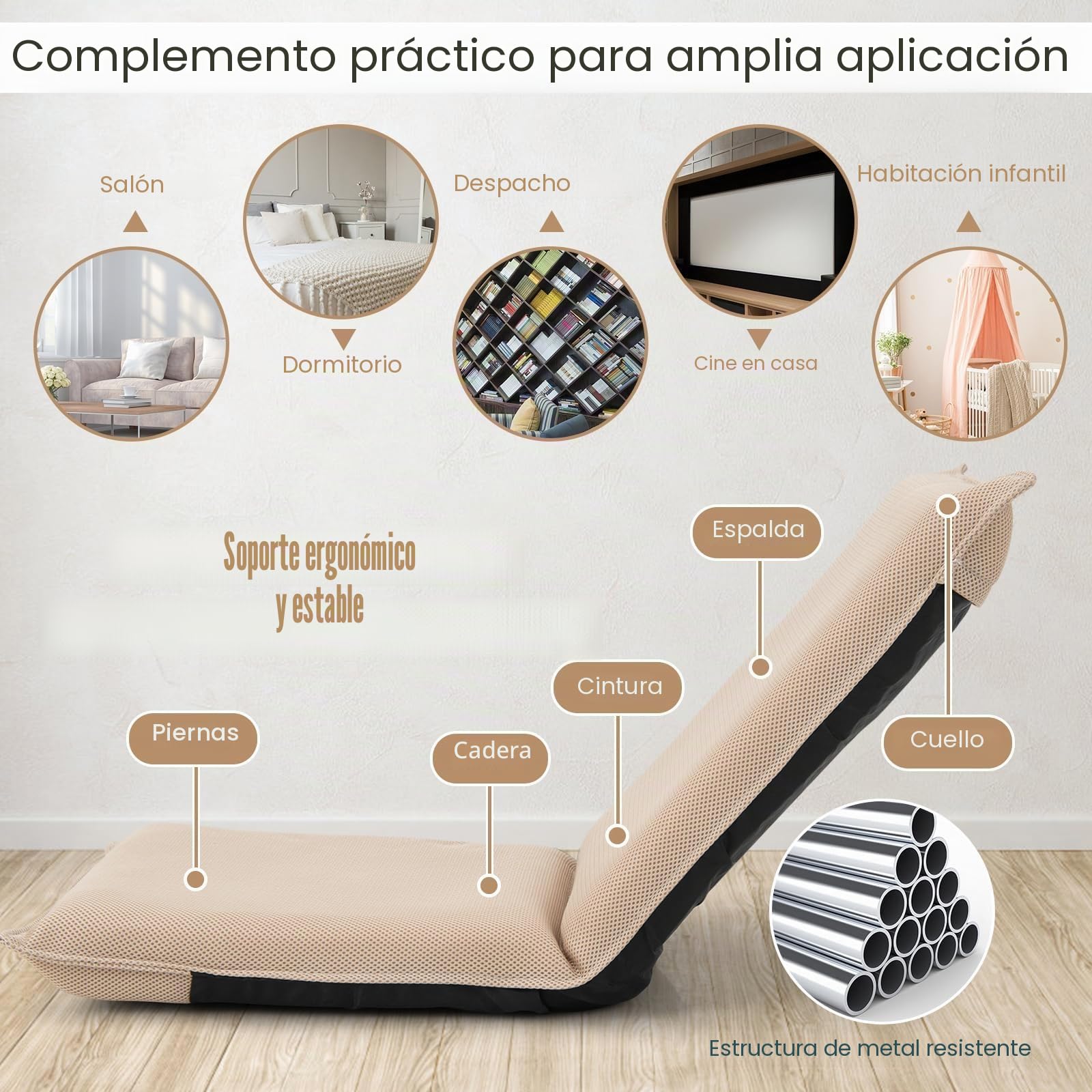 FANTASK Silla de Suelo con Respaldo Ajustable de 6 Niveles, Acolchado, para meditación, para meditación, Color Beige