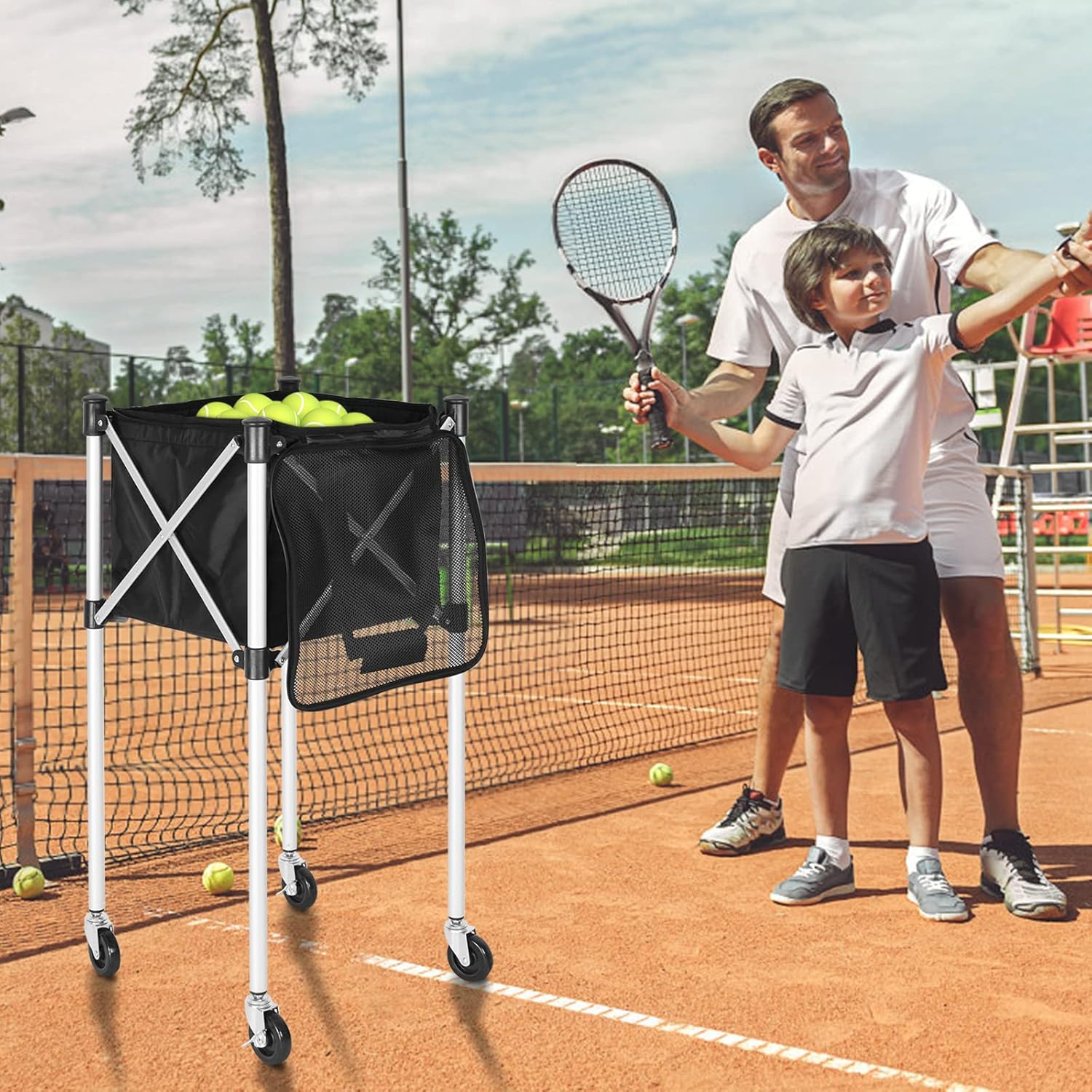 ITHWIU Foldable Tennis Ball Hopper Basket Cart Holds 155 Balls Wheeled Teaching Carts, Light Aluminum Alloy Trolley for Tennis Balls, Portable Compact Design, Black : Sports & Outdoors
