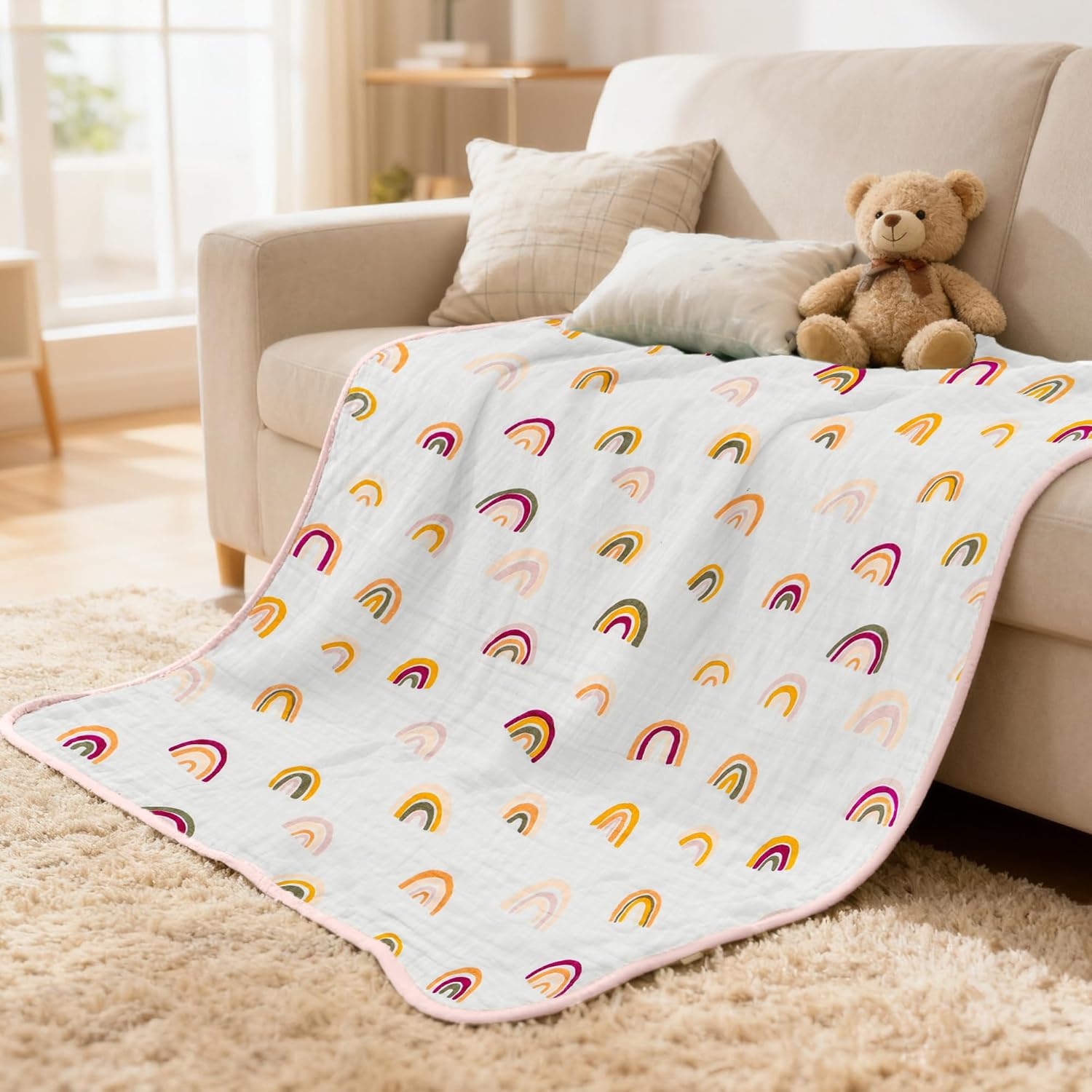 ZPECC Muslin Toddler Blanket Thicker, 47x47 Organic Cotton Kids Quilt Hypoallergenic for Baby Essentials Crib Stroller Daycare Cot, Rainbow