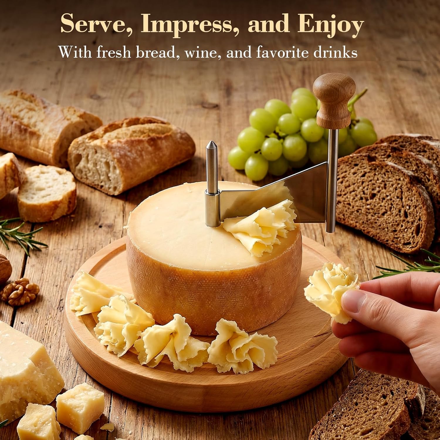 Cheese Curler Wheel, Swiss Style Girolle Cheese Curler with Sharp Stainless Steel Blade & Solid Wood Base, Effortless Cheese Rosettes for Tête de Moine & Chocolate – Perfect for Parties & Wine Nights