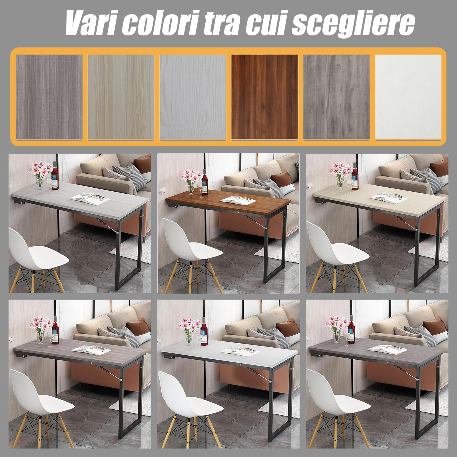 Tavolo Pieghevole Salvaspazio a Parete - Scrivania Richiudibile in Legno Massiccio con Telaio Acciaio Salvaspazio, alla moda e bello, adatto per il soggiorno, la sala da pranzo, la roulotte
