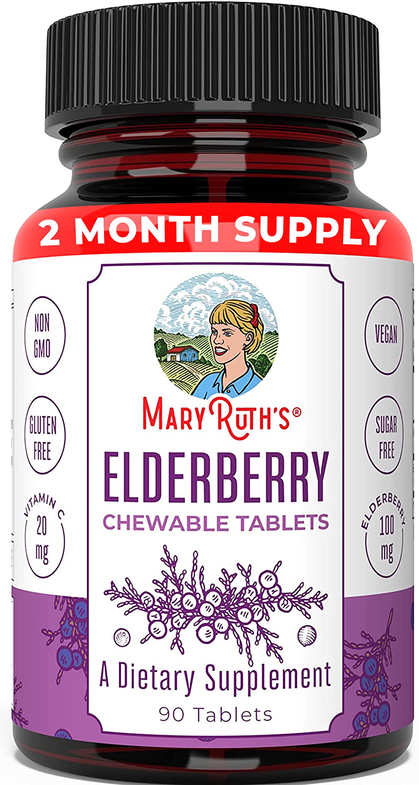 Elderberry + Vitamin C Chewable Tablets by MaryRuth's | Up to 3 Month Supply | Black Elderberry for Immune Support | Sambucus Black Elderberry for ...
