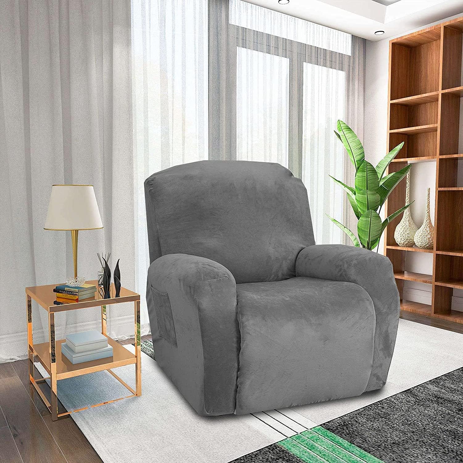 Sofa Covers 4 Pieces Recliner Slipcover,Velvet Ultra Soft Recliner Chair Cover Stretch Sofa Slipcover Washable Furniture Protector for Living Room (Color : Gray, Size : Recliner)