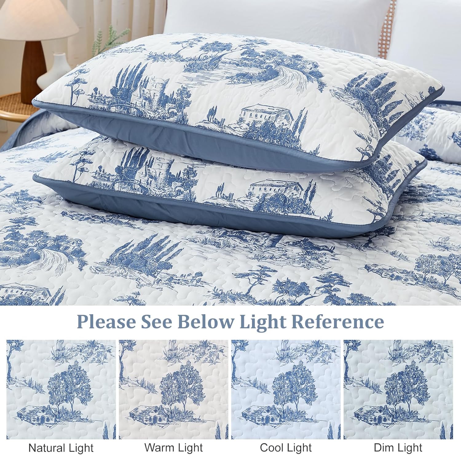 Yiran King Blue Quilt Set French Country Toile Bedding for All Season 3 Piece Farmhouse Village Soft Microfiber Botanical Leaves Bedspread Coverlet with 2 Pillowcases 106"x90" - Image 6