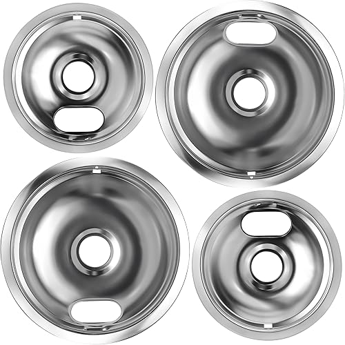 Paquete de 4 bandejas de goteo, bandejas de goteo cromadas de repuesto para estufa eléctrica Whirlpool Frigidaire Kenmore con ranuras de bloqueo,