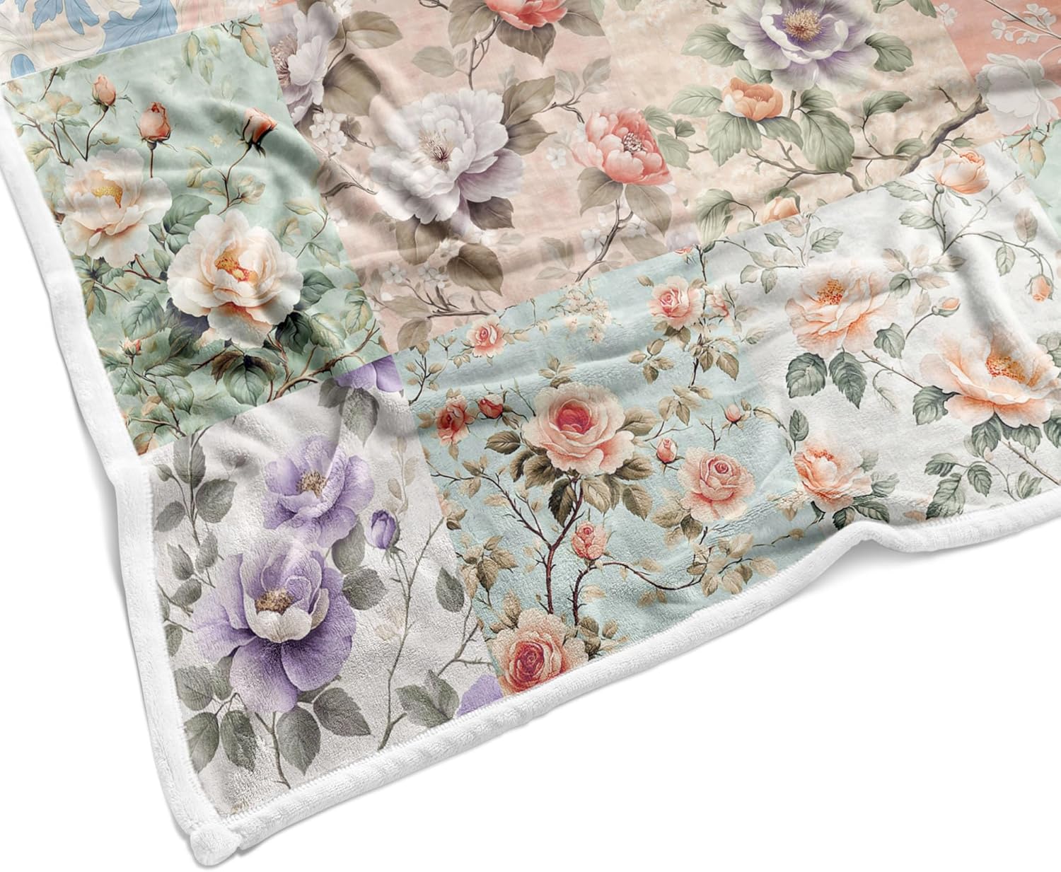 Boho Throw Blanket Pink Floral Patchwork Throw Blankets for Women Cozy Blanket Colorful Vintage Flower Throw Blankets Decorative Soft Cozy Flannel Blanket for Home Bed Sofa Couch Chair, 60"x80"