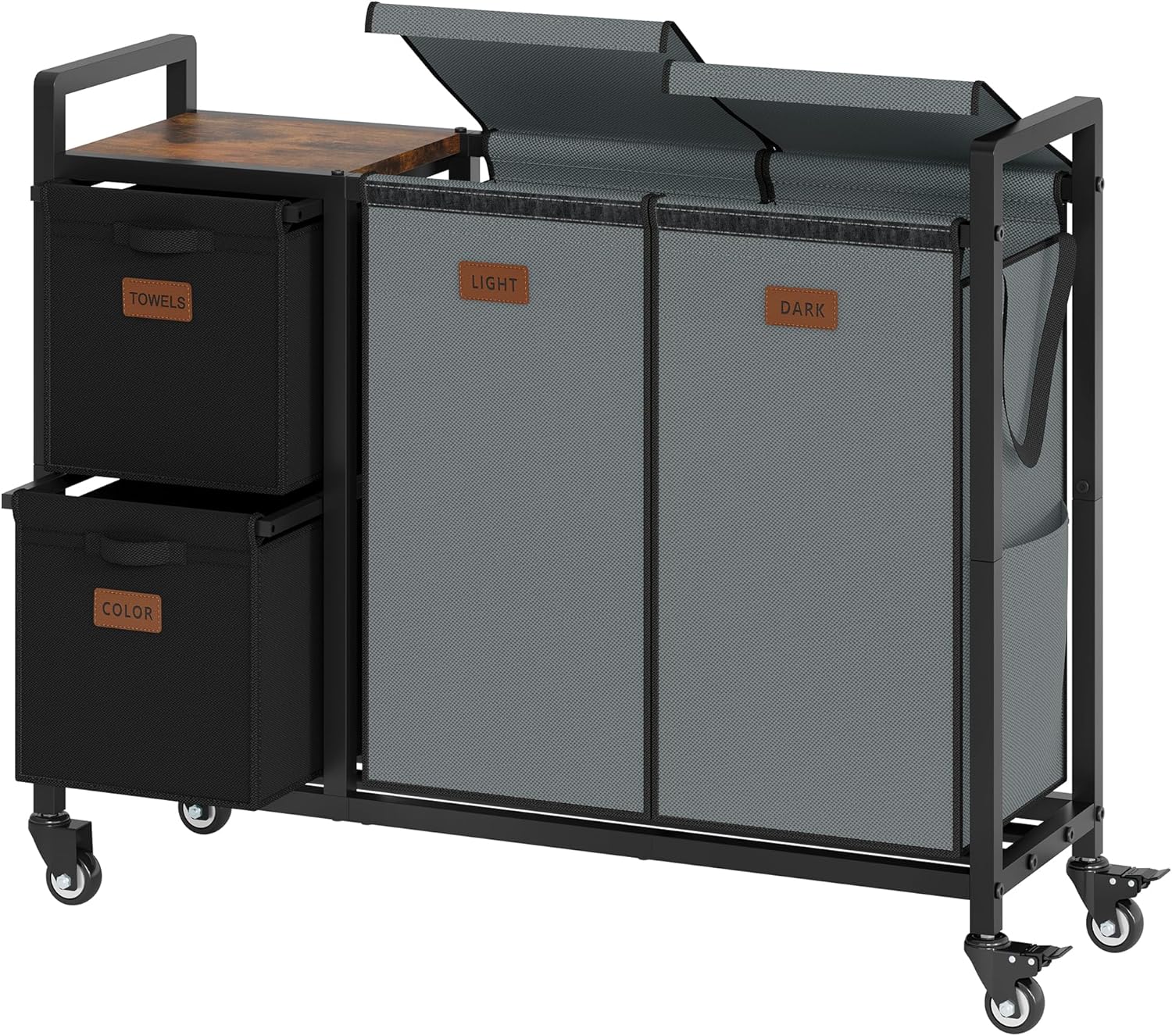 Hoctieon 4 Section Laundry Cart, 48 Gal. (182L) Laundry Hamper with Lid, Laundry Basket with Wheels, Rolling Laundry Sorter Organizer with Shelf, Clothes Separator with Removable Bags, Black+Gray